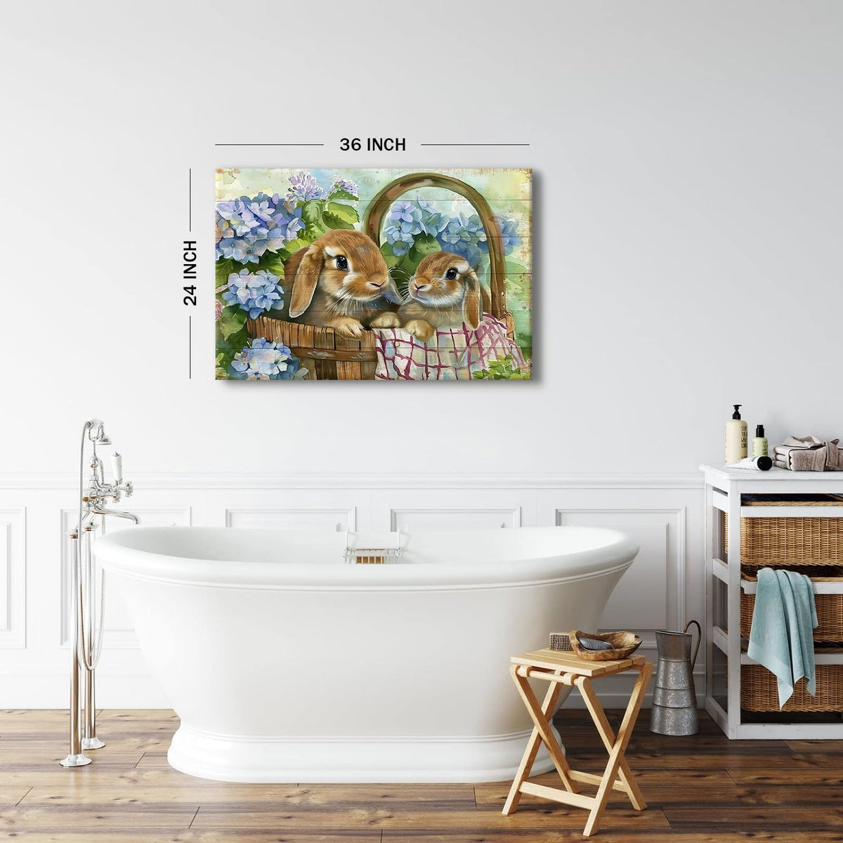 Farmhouse Canvas Wall Art Rabbit Pictures Easter Wall Decor for Bedroom Funny Bunny Painting Blue Flowers Poster Vintage Wood Grain Prints Artwork Kitchen Living Room Home Decoration 24x36" (36"L x 24"W / Rabbit)