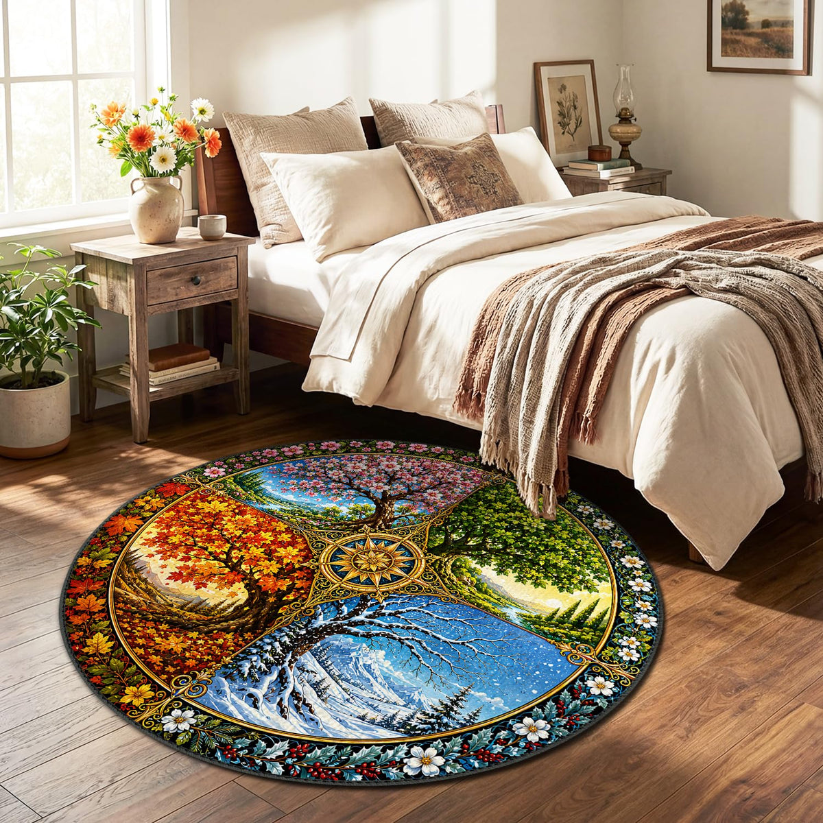 Four Seasons Tree of Life Round Area Rug 4ft (78 / 4' (Round))