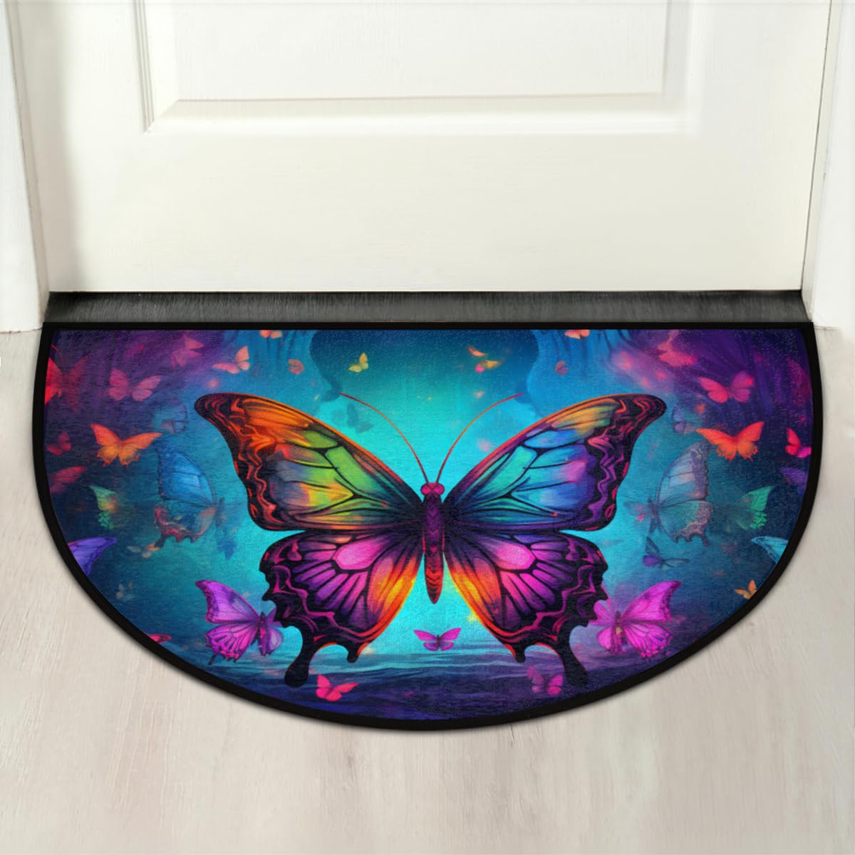 Butterfly Half Round Doormat Non Slip Half Moon Rug Outdoor Welcome Mat (B 012)