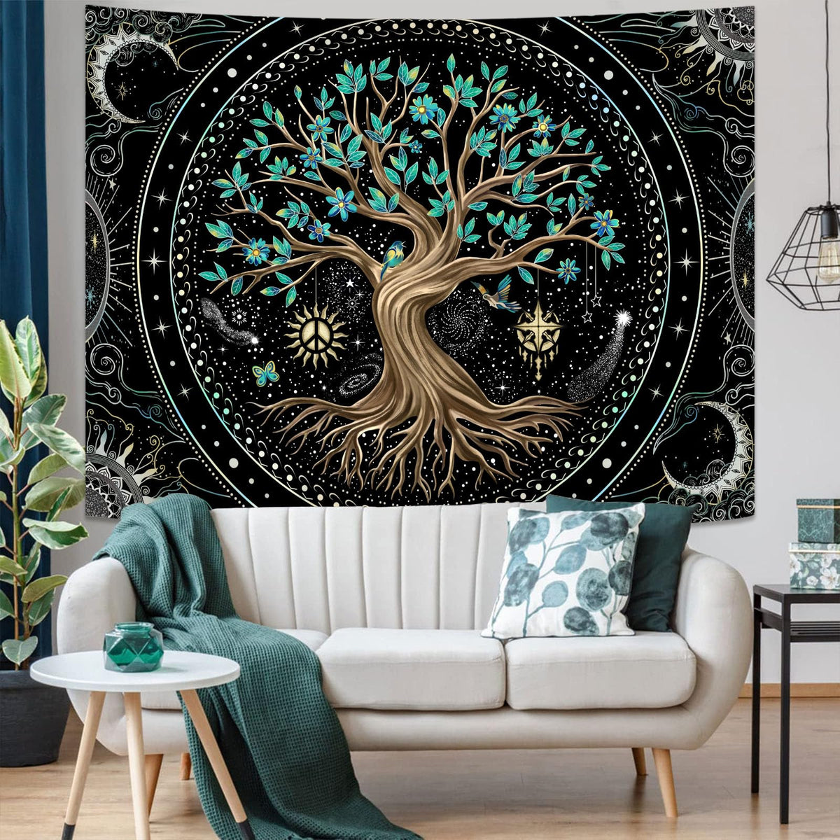 Tree of Life Tapastry Butterfly Moon Tapastry Flower Green Tree Tapestries Mandala Wall Hanging for Bedroom and Living Room Decor 44×60 Inches (Dark Green / 60"L x 44"W)