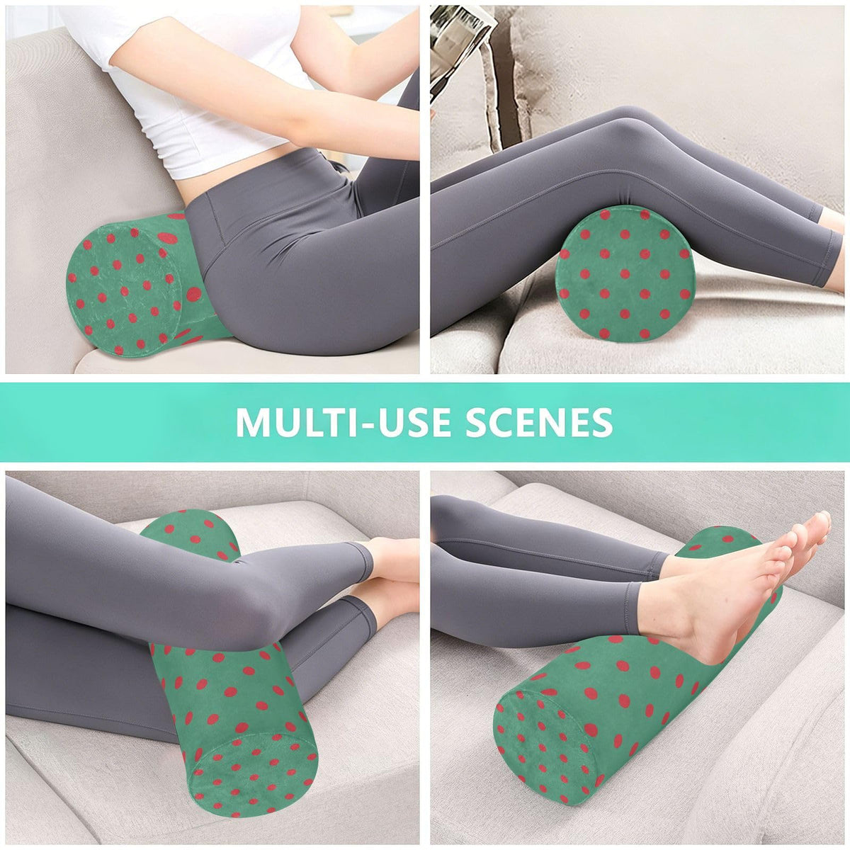 Neck Roll Pillow Bolster Round Health Memory Foam Pillows Long Cervical Cylinder Body with Removable Washable Cover for Bed Legs Back Yoga Polka Dots Green (Polka Dots 37)