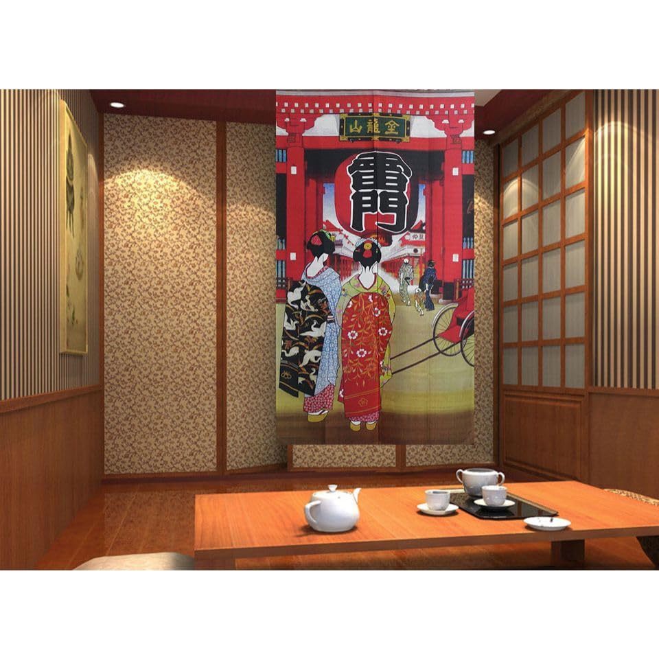 Noren Japanese Doorway Curtain Tapestry Decorations Room Divider Curtain Privacy Anime Curtains (Kaminarimon Gate・geisha / 33.5"W x 59"L (Pack of 1))