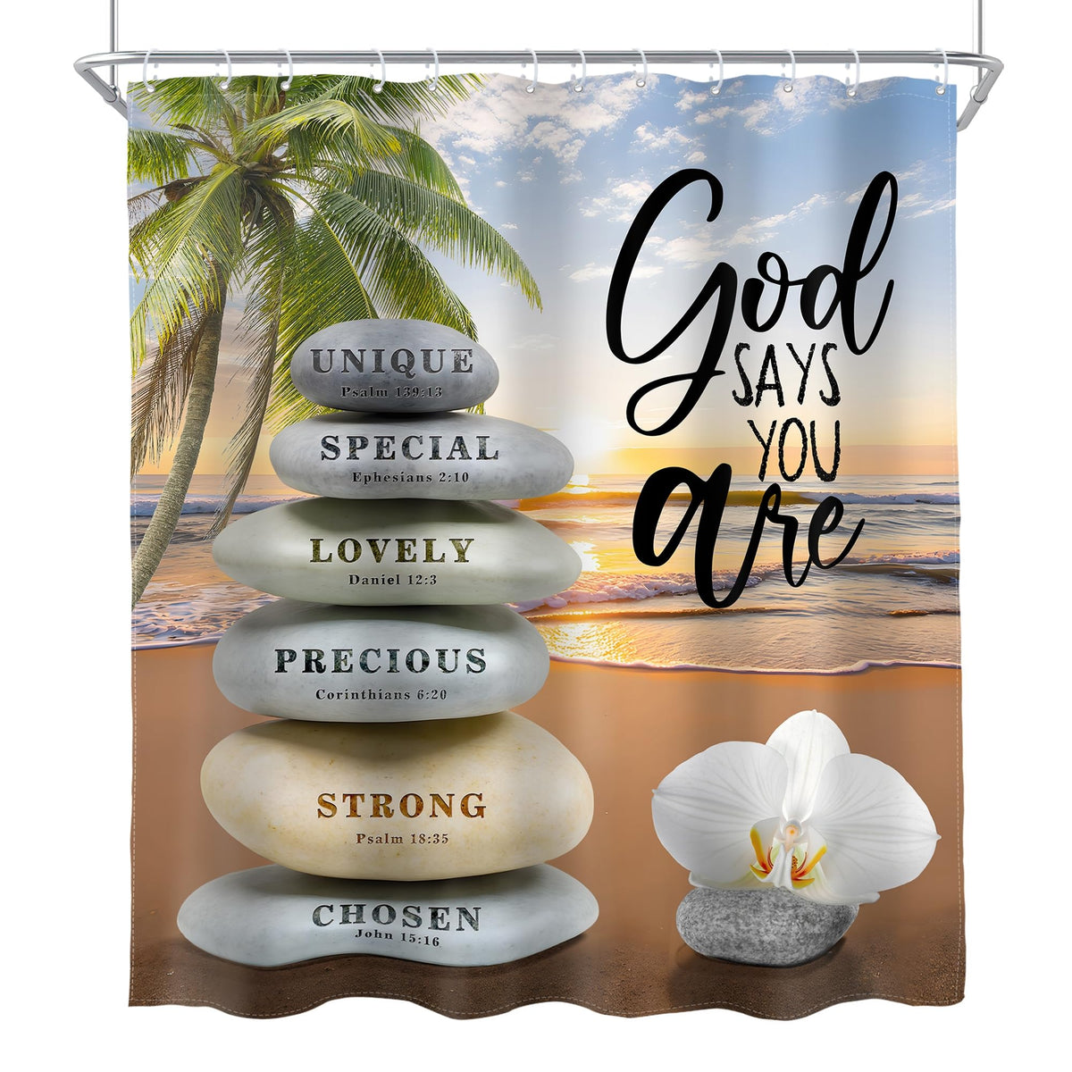 Beach Zen Stone Bible Shower Curtain Verse Ocean Sea Tropical 60Wx72L Inch (D-orange / 60"W x 72"L (Pack of 1))