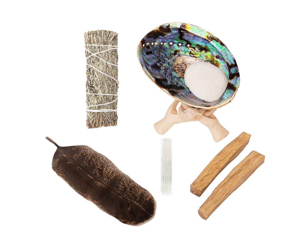 Sage Kit Blue Sage Smudge Stick ~ Abalone Shell for Smudging ~ Palo Santo Sticks ~ 2 inchTripod Stand ~ 8 inch Feather and White Sand