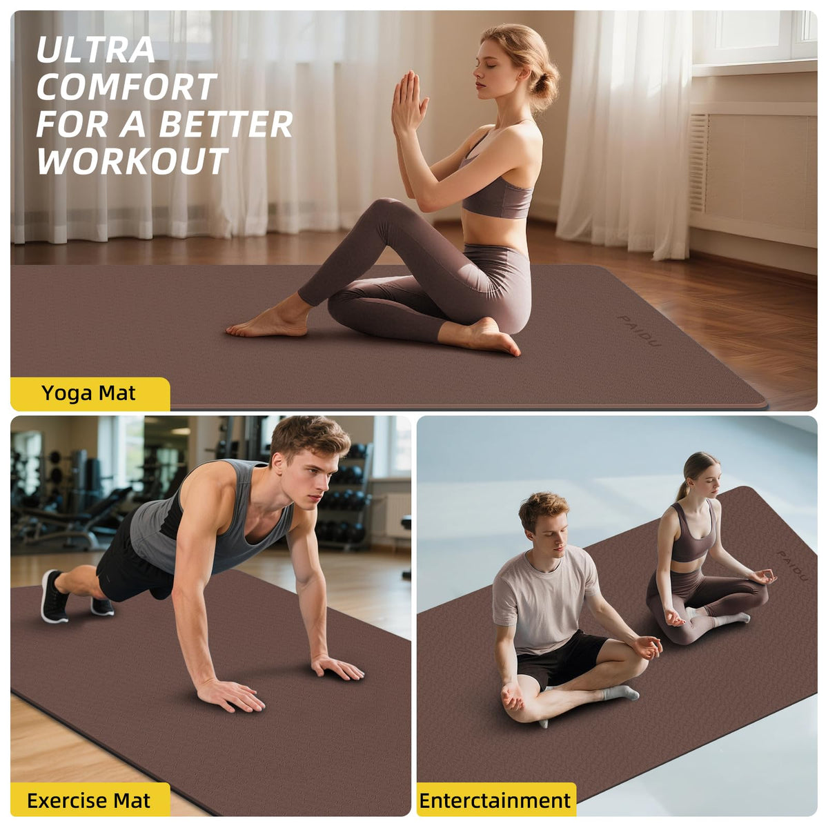 Extra Long Wide Yoga Mat (Dark brown + Black)