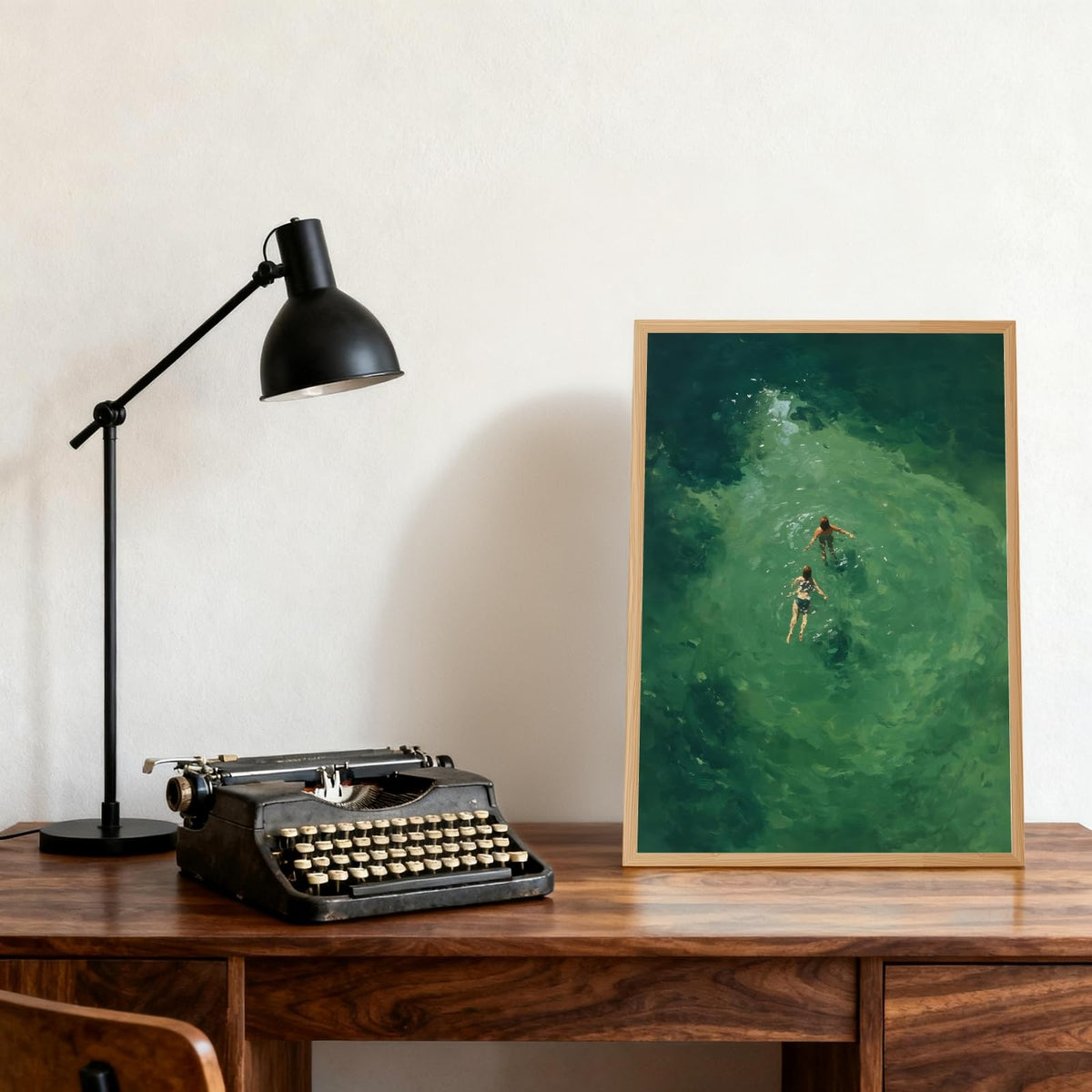 Framed Swimmers Wall Art Swimming in Green Abstract Canvas Poster Aerial View Summer Ocean Painting Print Minimalist Relaxing Coastal Artwork for Bedroom Beach House Decor 20x30inch (20"L x 30"W / Swim - Wood Frame)