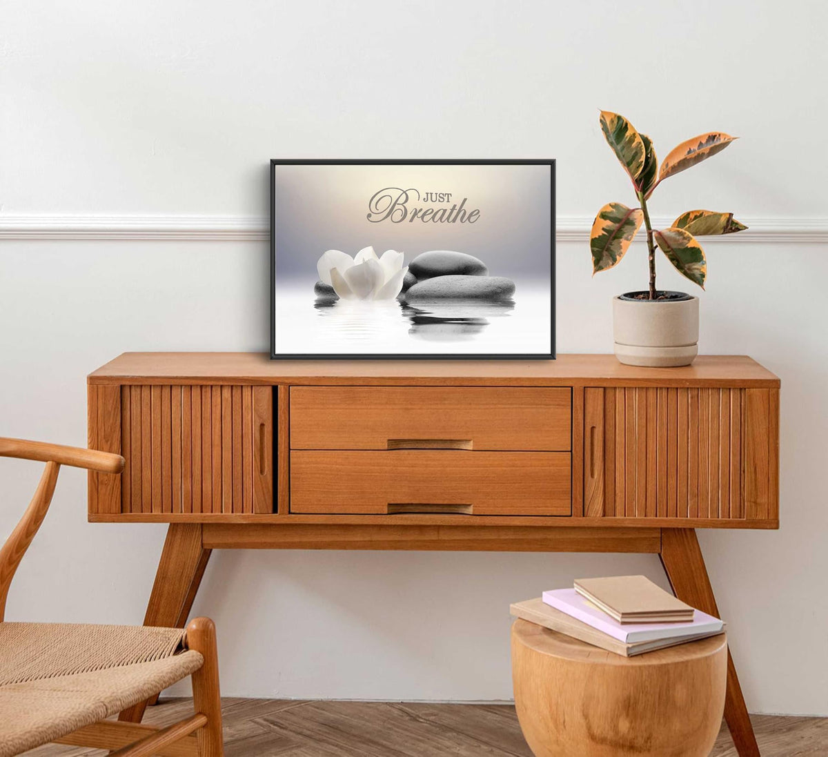 Framed Zen Stone Flower Wall Art White Lotus Just Breathe Yoga Quotes Picture Wall Decor Water Lily Stone Poster Print Artwork for Bathroom Yoga Room Spa Room Meditation Room Office Home Decoration (Framed Lotus / 10"L x 8"W)