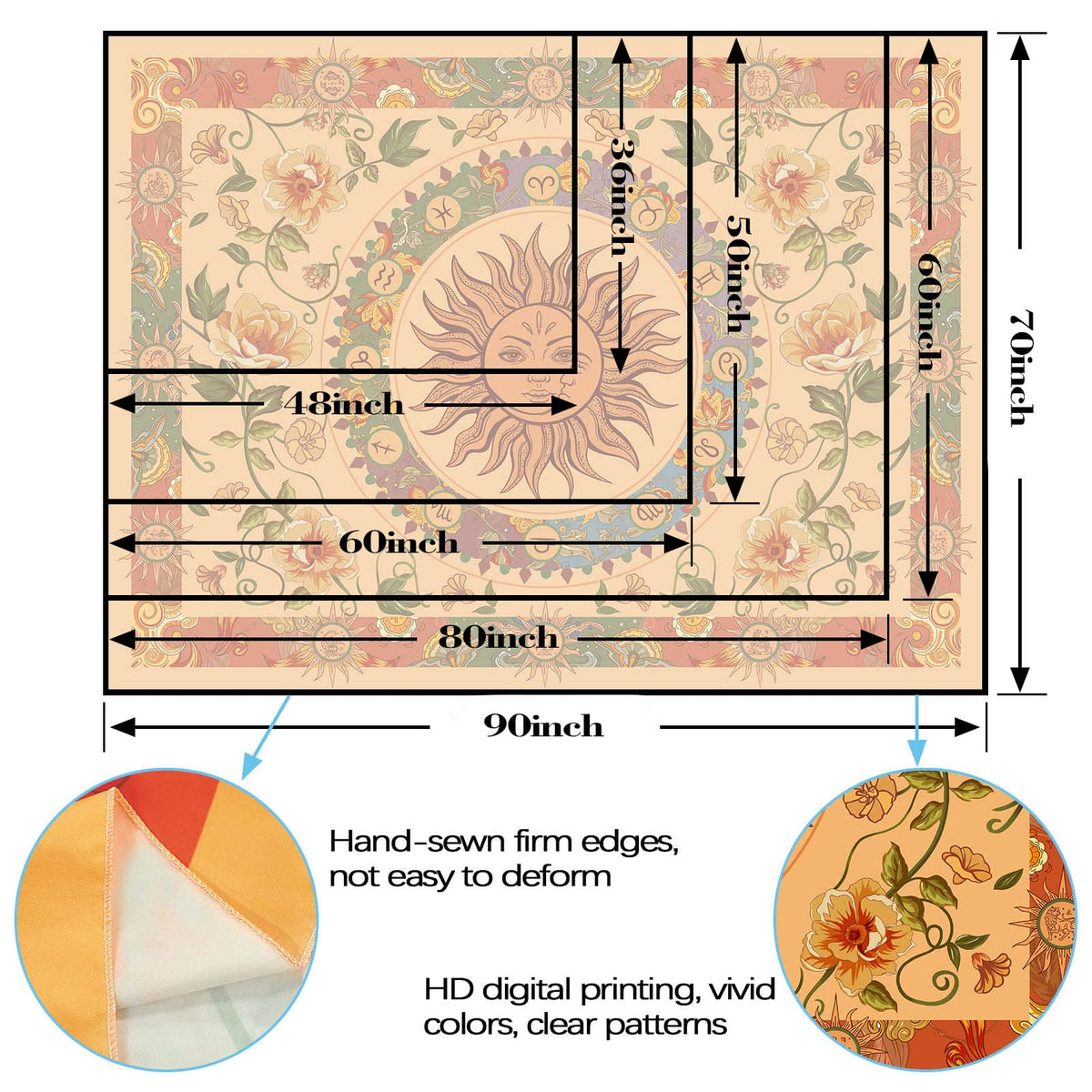 Yellow Sun and Moon Tapestry Hippie Indie Tapestries Boho Orange Flower Floral Tapestry Wall Hanging Cool Vintage Aesthetic Wall Tapestry for Bedroom Living Room Dorm (Orange / 80"L x 60"W)