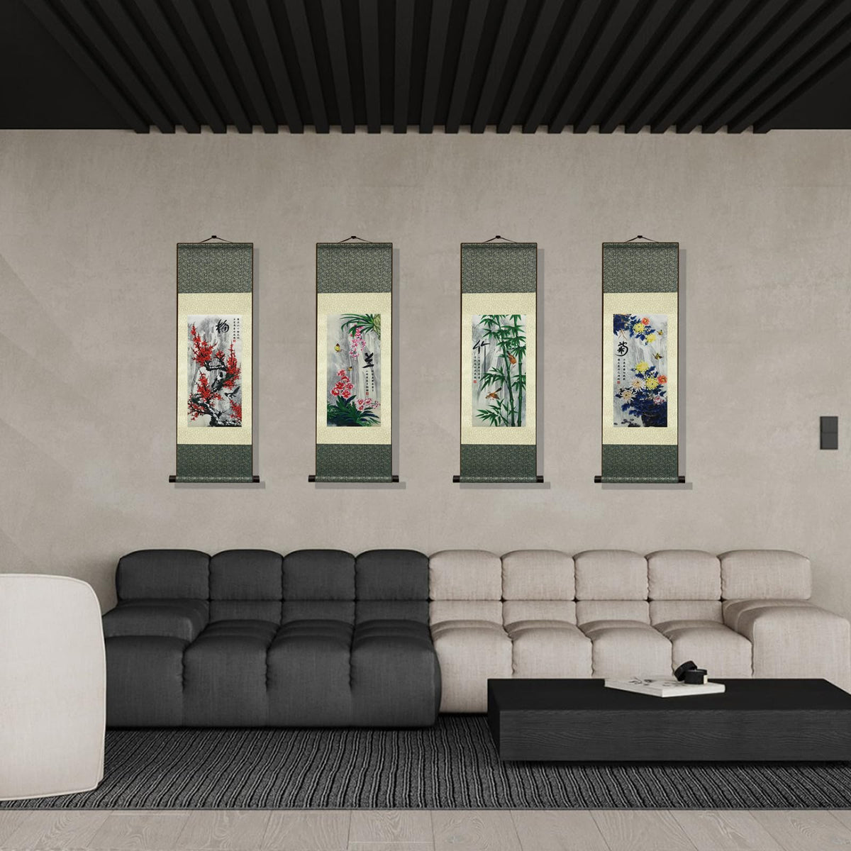 Bedroom Wall Art for Bamboo Wall Silk Scroll Art Traditional Chinese Four Gentlemen Zen Decor for Home Living Room Bedroom Lounge Office Hotel Lobby 36x12 Inch Premium Silk (HJ-N003)