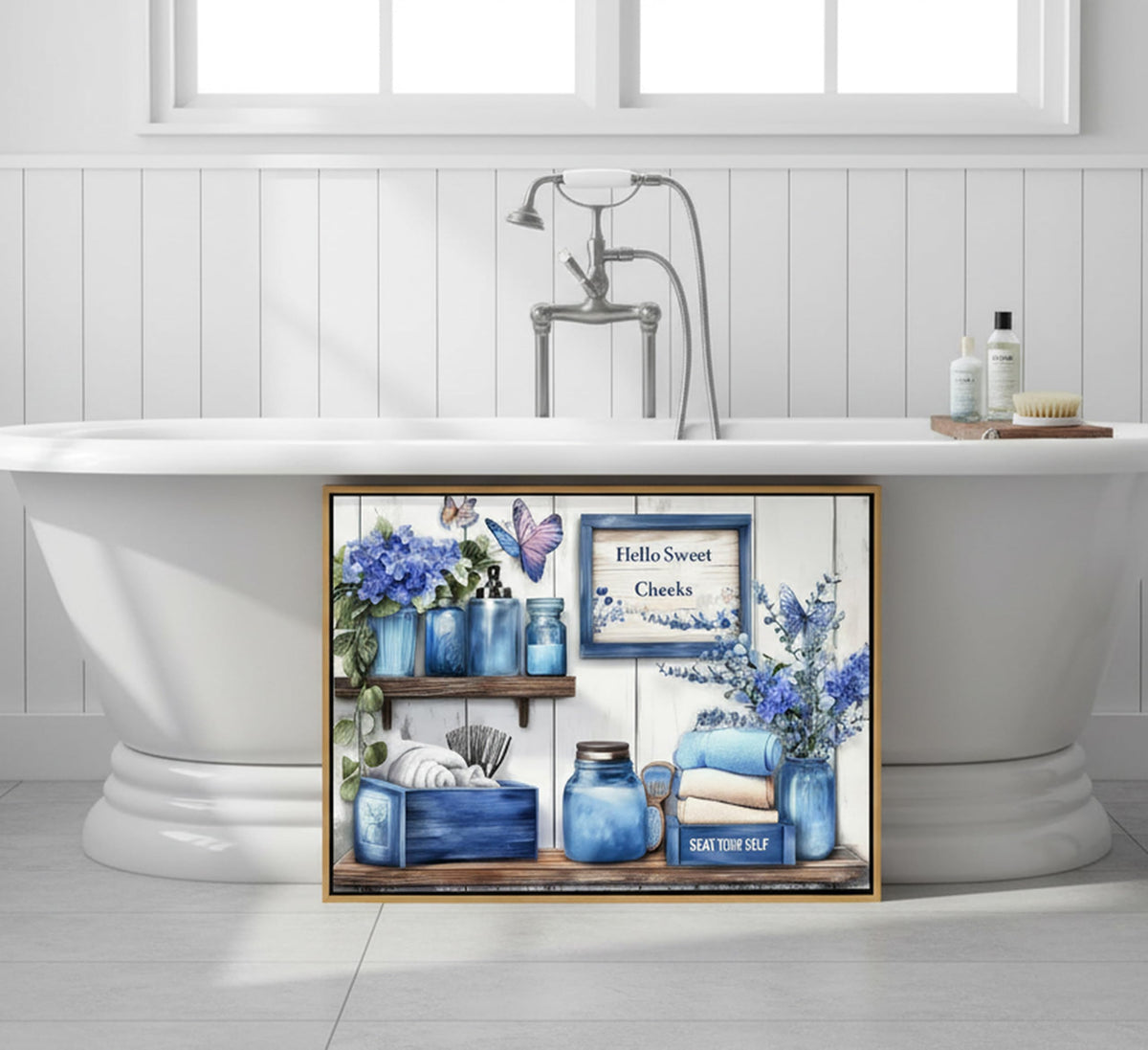 Framed Navy Blue Bathroom Canvas Wall Art 12x16Inches (Blue Framed / 16"L x 12"W)