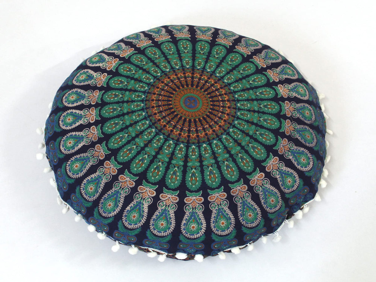 Large Hippie Floor Pillow Cover Mandala Meditation Cushion Case Pouf Cover Round Poufs Cover Bohemian Floor Cushion Cover Outdoor Fireplace Yoga Living Room Decor 32" Blue Mirchi (Blue Mirchi)