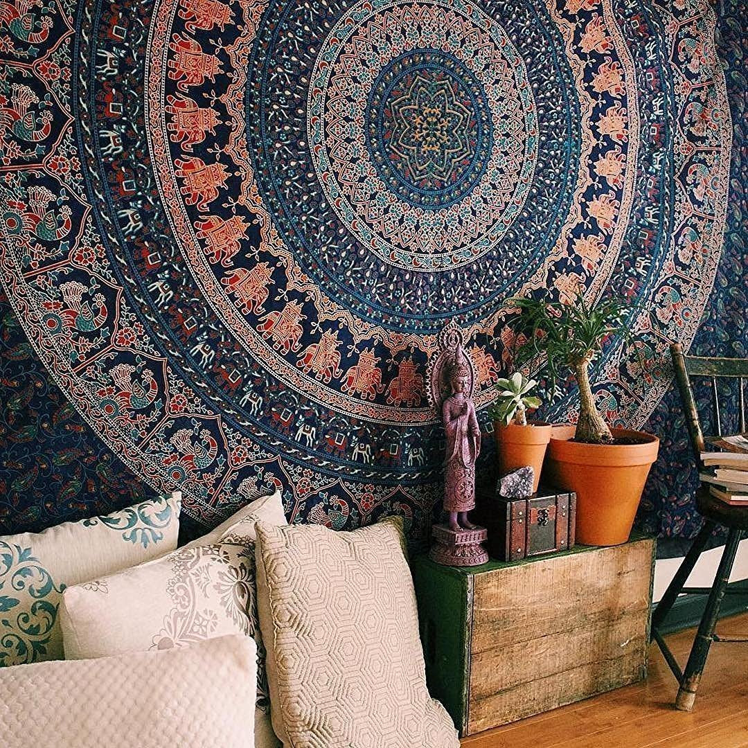 Tapestry Wall Hanging Hippie Mandala Bohemian Hippy Psychedelic Design Indian Magical Thinking Tapestries Bedspread 84x90 Inches (90"L x 84"W / Neavy Blue)