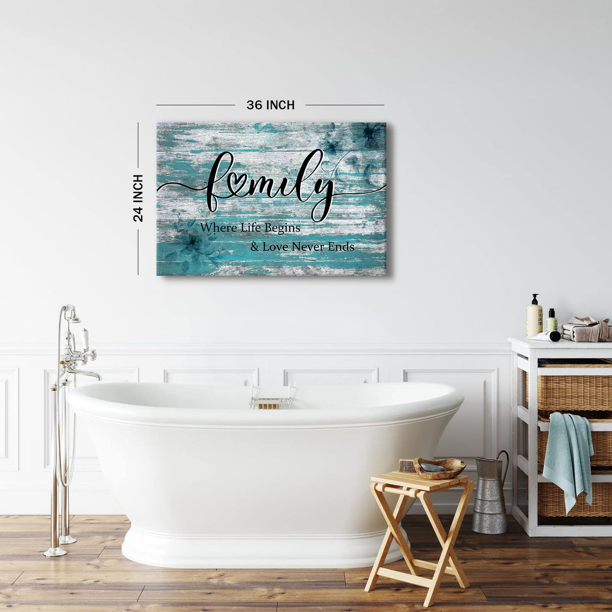 Farmhouse Family Canvas Wall Art Inspirational Signs Poster Where Life Begins Love Never Ends Teal Family Sign Picture Turquoise Painting Artwork for Kitchen Living Room Home Decoration 24x36" (36"L x 24"W / Family)