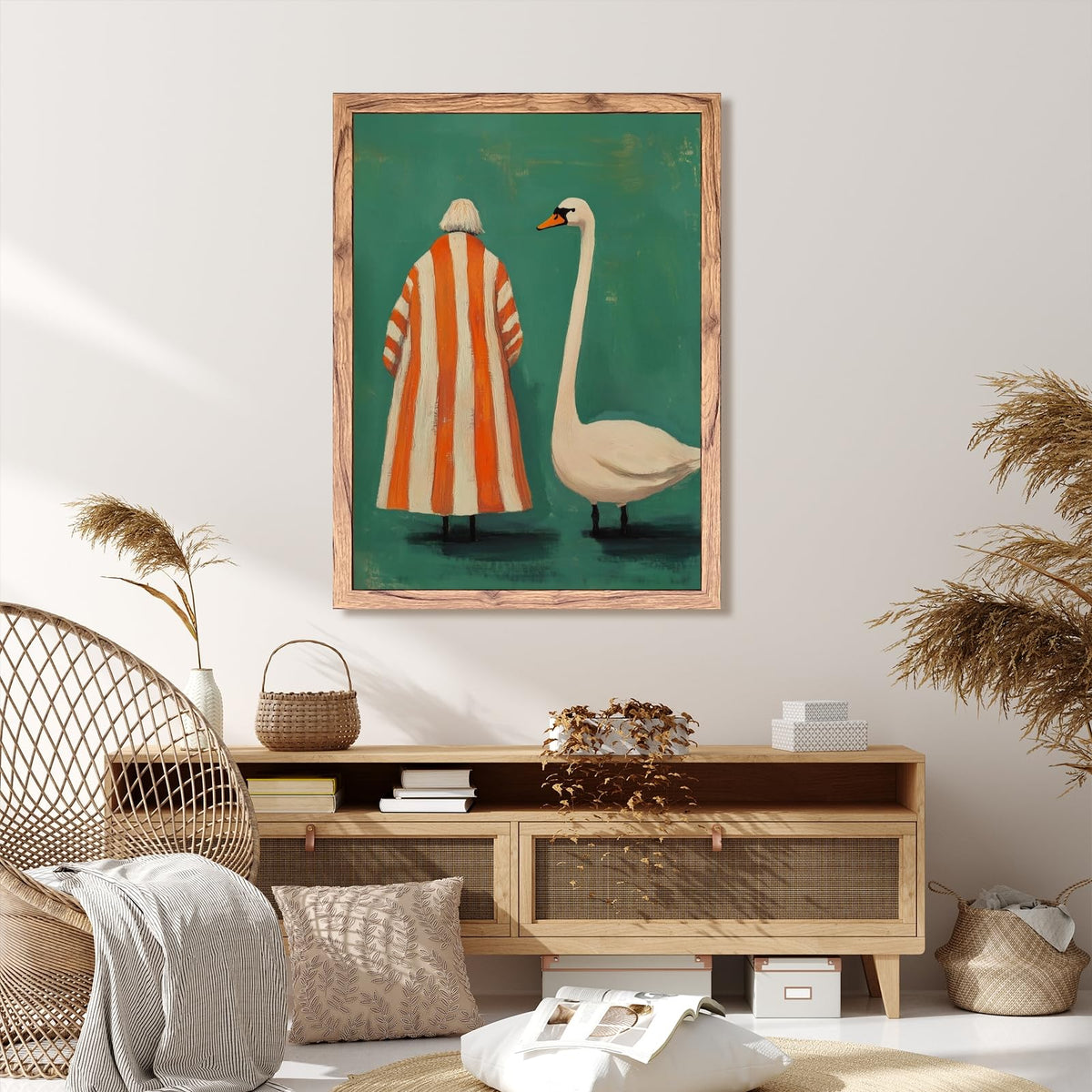 Wood Frame Whimsical Swan Wall Art Surreal Woman Bird Canvas Print Artwork Vintage Green Orange Painting Quirky Animal Decor Poster Eclectic Wall Decor Pictures for Living Room Bedroom 8x12inch (8"L x 12"W / style-4 Wood Framed)