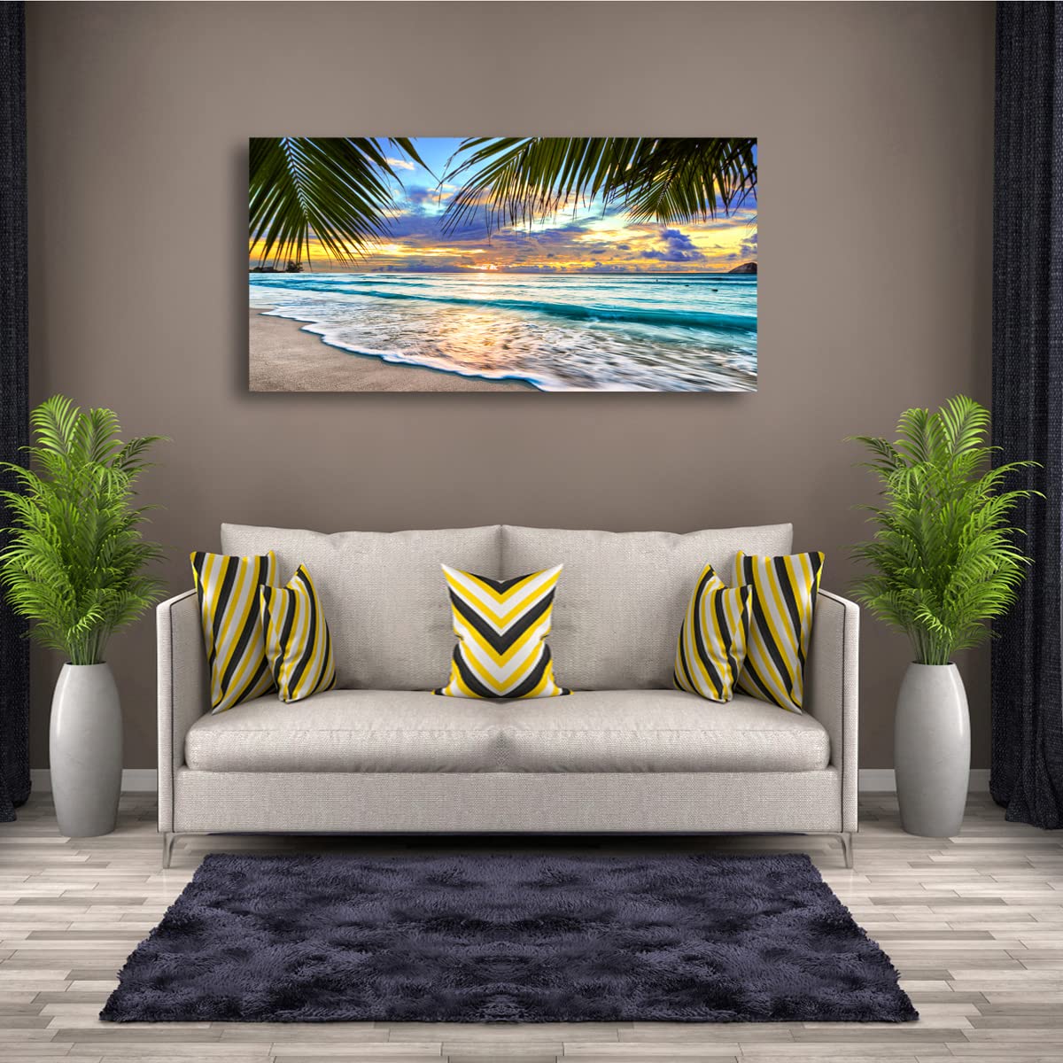 Beach Canvas Wall Art Seascape Theme Pictures Home Decor Blue Ocean White Wave Palm Tree Prints Paintings for Living Room Bathroom Bedroom Kitchen Office Decoration Natural Scenery Artwork 24x48inches (48"L x 24"W / Blue Ocean White Wave Green Palm Tree)