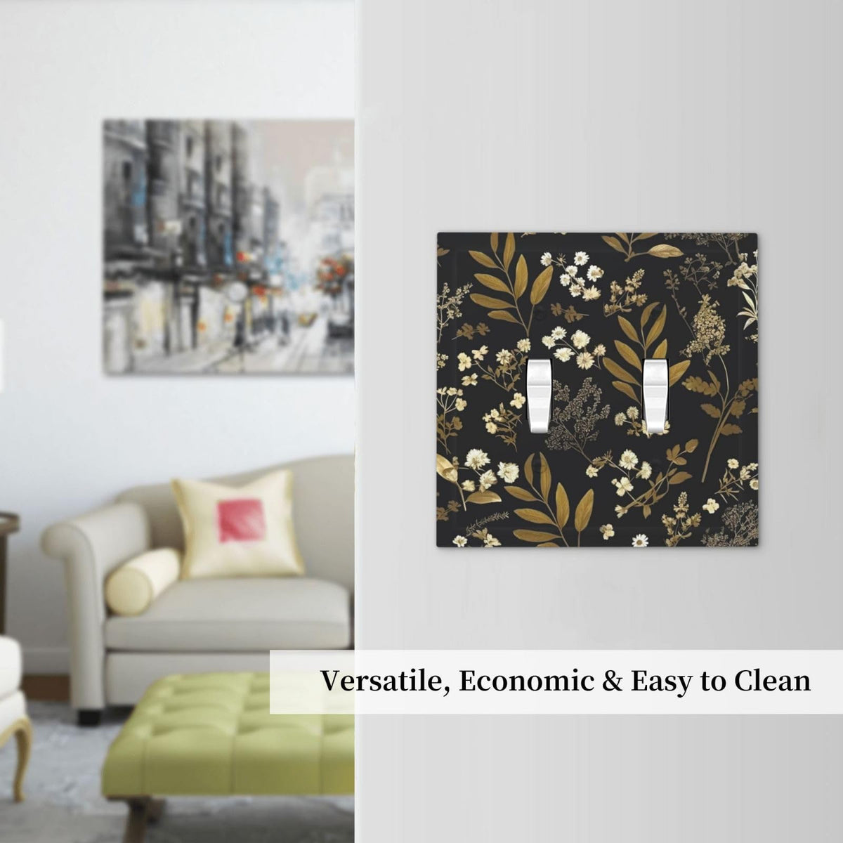Rustic Boho Sage Leaves Triple Toggle Light Switch Cover 3 (Black Gold Vintage Leaf Floral / 2 Gang Toggle Mid)