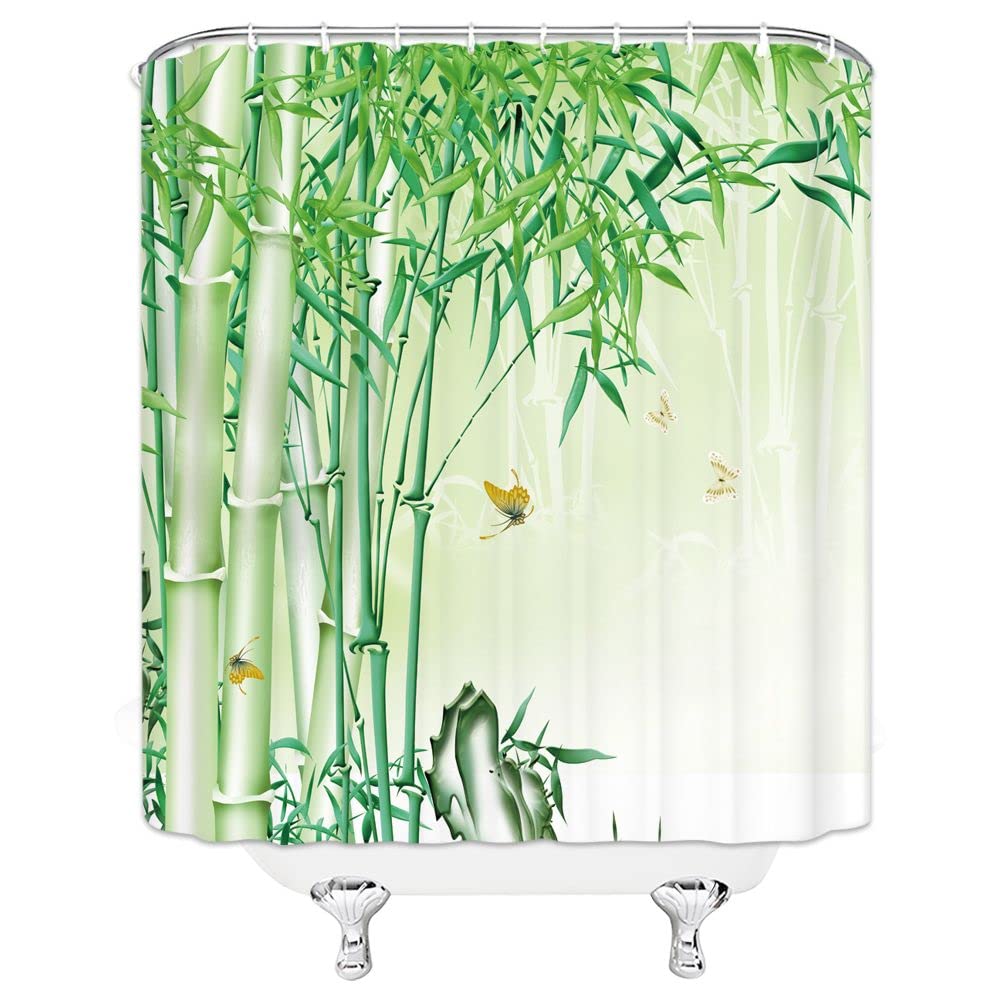 Bamboo Shower Curtain Green Bamboo Forest Tree Butterfly Japanese Asain Art Rustic Wild Nature Plant Scenic Fresh Spa Fabric Bathroom Sets with Hooks (Green Yellow / 70"W x 70"L (Pack of 1))