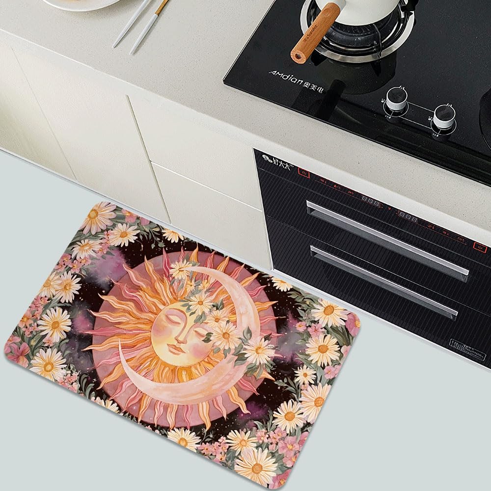 Bath Mat Bathroom Rug (Pink Flowers Sun Moon / 16 x 24 inches)