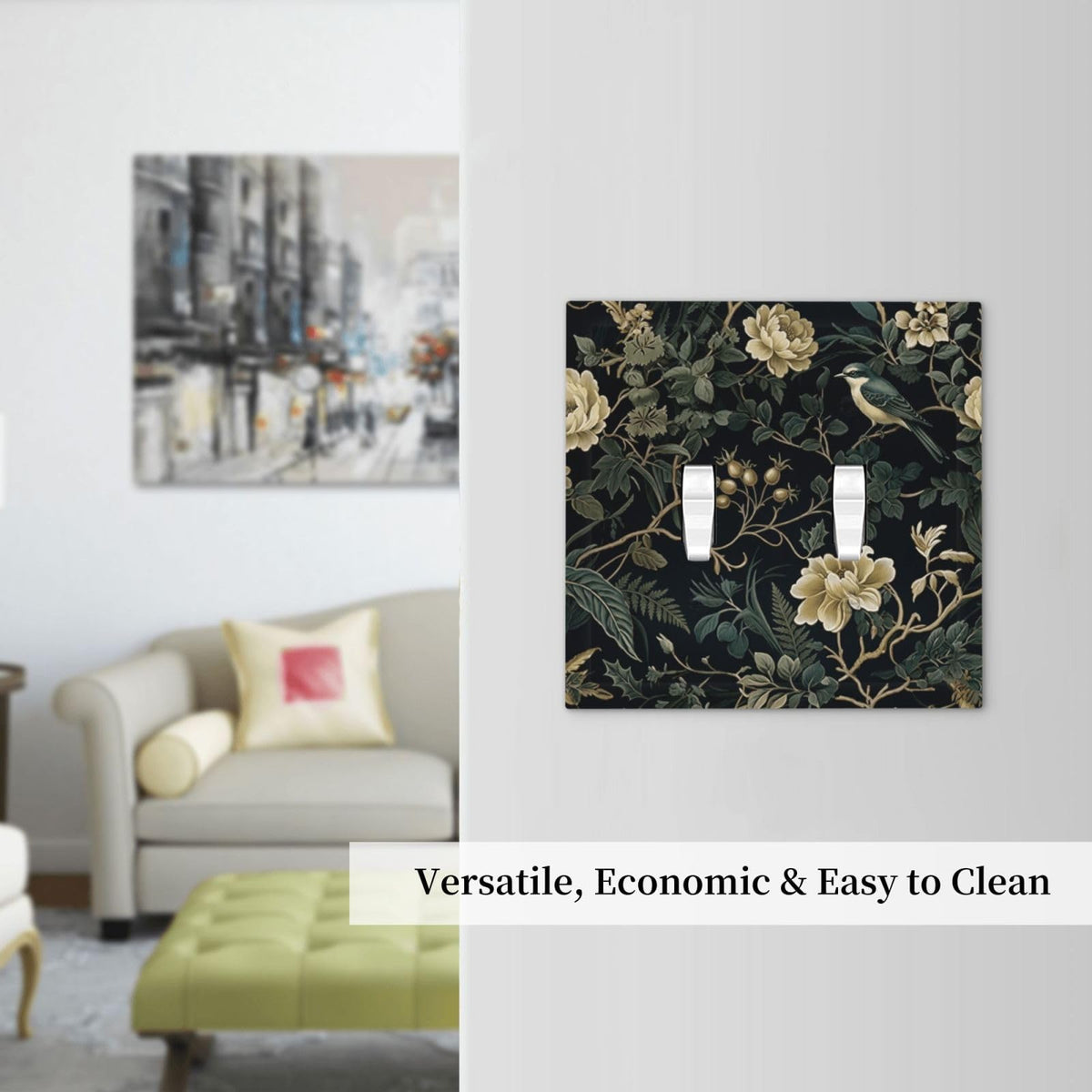 Spring Black Boho Floral Leaf Decorative 2 Gang Double Toggle Outlet Light Switch Cover (Spring Black Boho Floral Leaf / 2 Gang Toggle Mid)