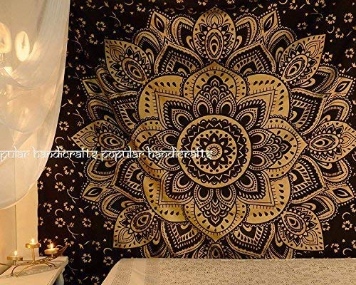 Wall Hanging Tapestry For Bedroom Gold Ombre Mandala Wall Art (90.6"L x 84.7"W / Black and Gold)