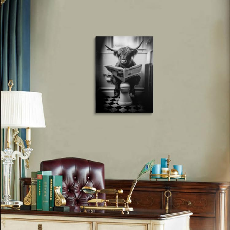 Funny Highland Cow Canvas Wall Art Framed Black and White Photograph Surreal Cow Sitting on Toilet Reading Newspaper Humorous Bathroom Wall Decor Artwork Print Poster 12x16 Inches (Bathroom Cow / 16"L x 12"W)