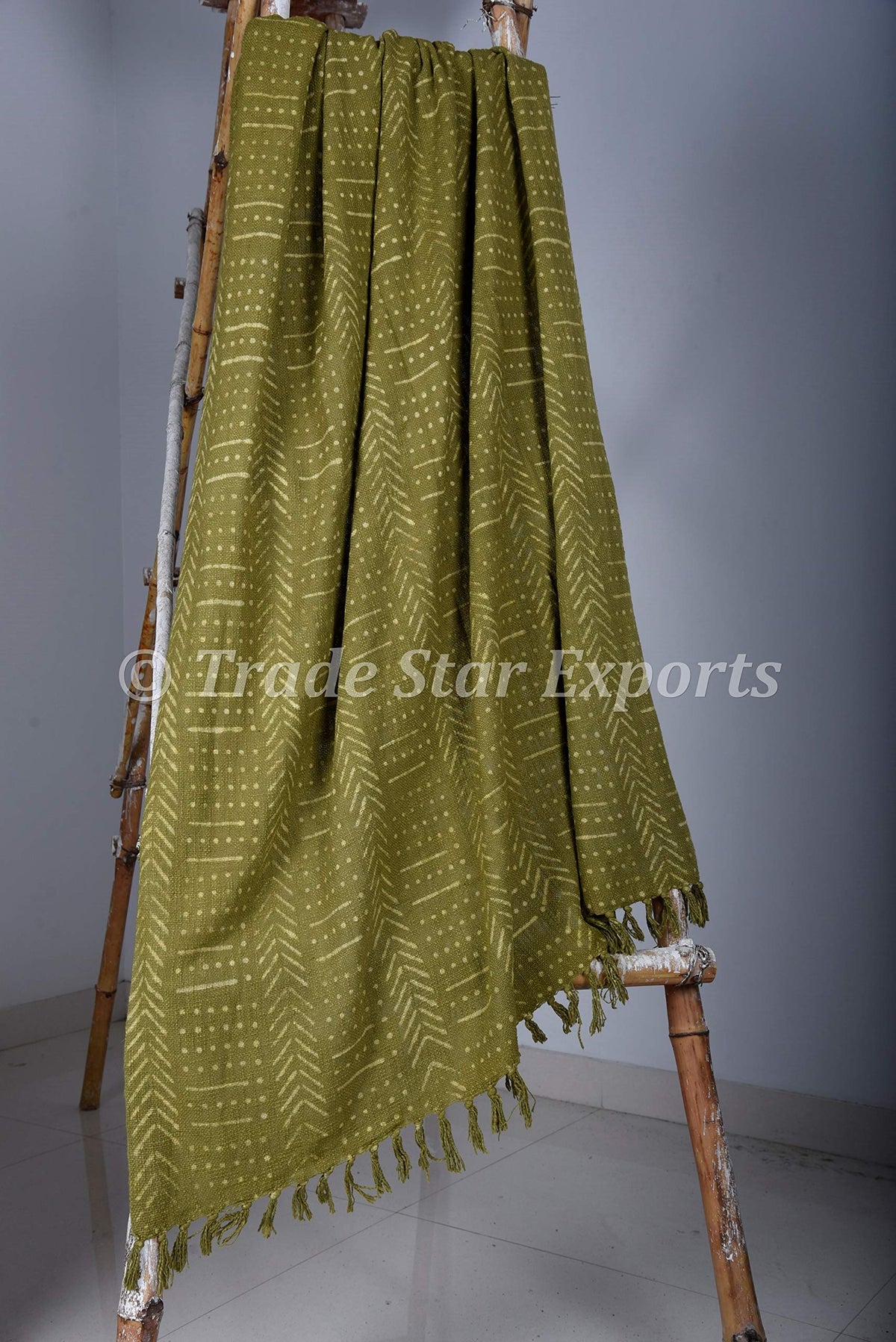 Decorative Hand Block Print Throw Blanket 100% Cotton Blanket Cozy Throw Blanket Boho Decor Warming Gift Handloom Bed Runner Hand Dyed Fringed Sofa (Green / Snow (120 x 170 Cms))