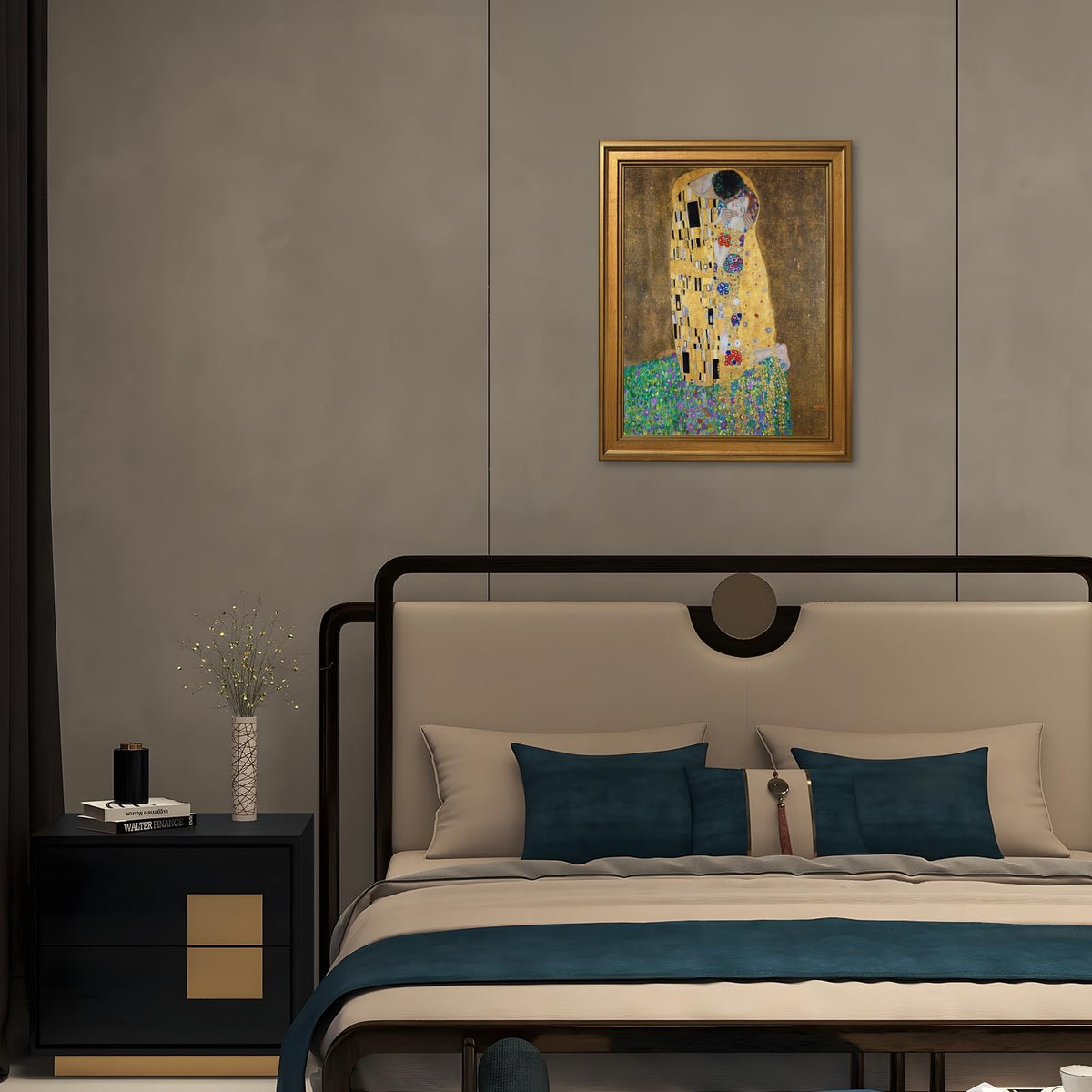 Gold Framed The kiss by Gustav Klimt Poster Romantic Symbolist Wall Art Classic Oil Painting Reproduction Canvas Prints 19th Century Nouveau Movement Famous Pictures Artwork Home Decor 16x24inch (16"L x 24"W / Kiss-Lovers)