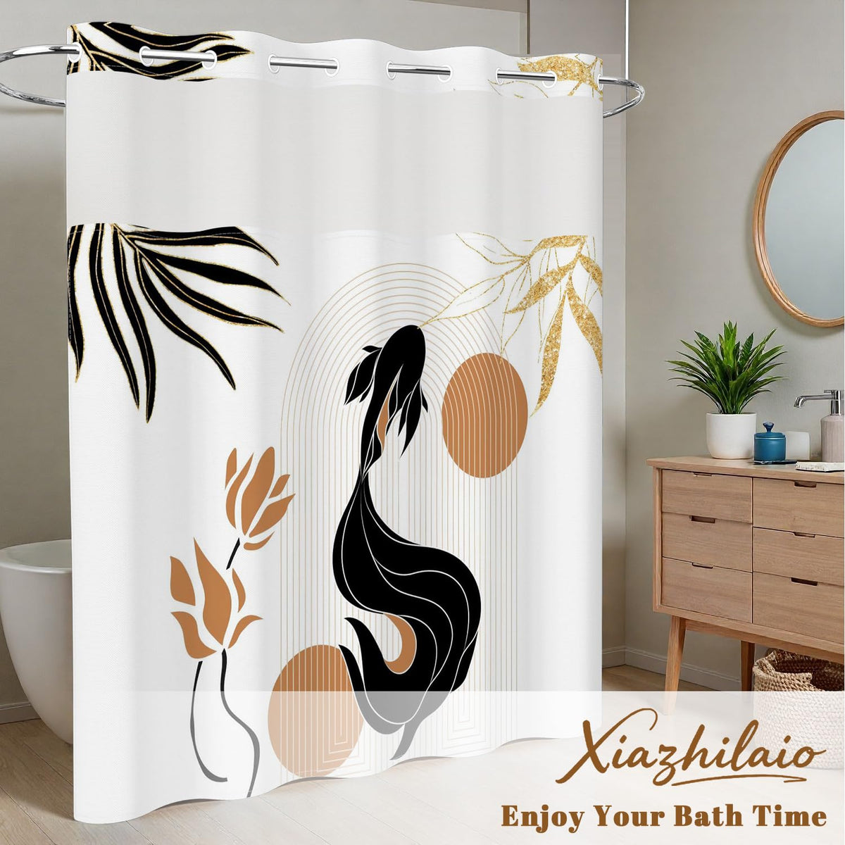 Abstract Koi Fish & Lotus Shower Curtain No Hooks with Liner (Abstract-2)