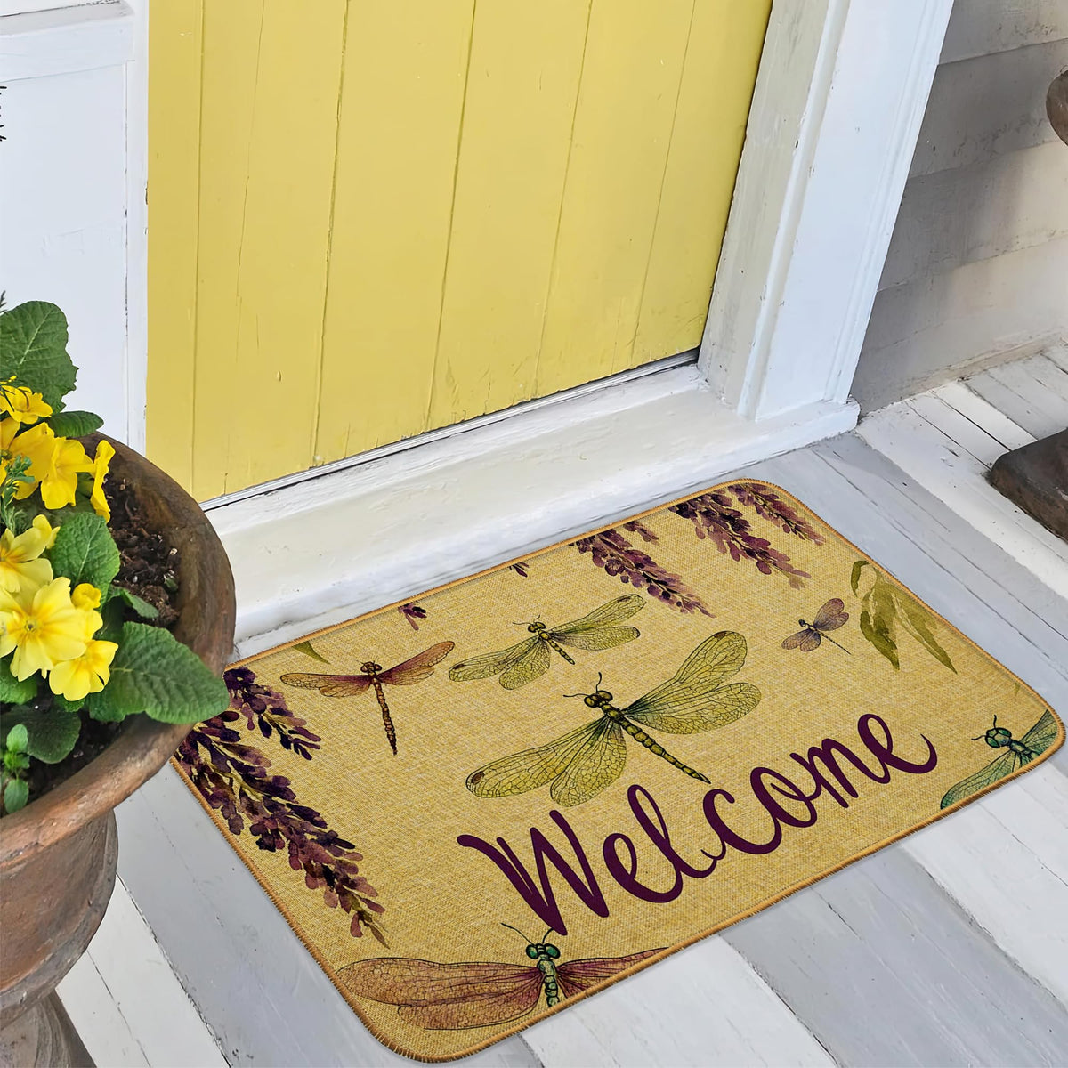 Purple Flower Dragonfly Door Mat (Purple Flower Dragonfly)