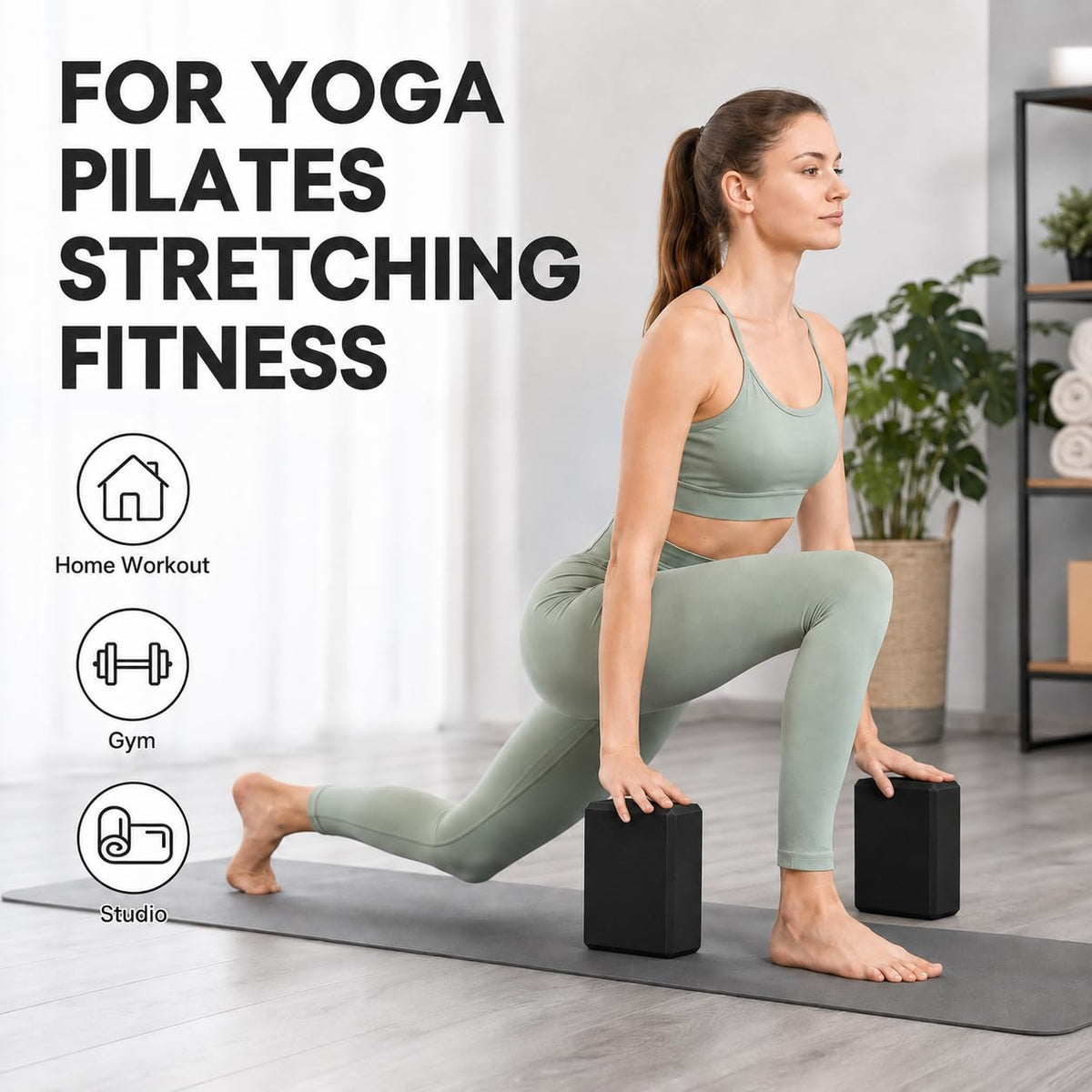 Yoga Blocks 2 Pack EVA Foam Gym Bricks Pilates Stretch Black (Black / 9 x 6 x 3 inch)