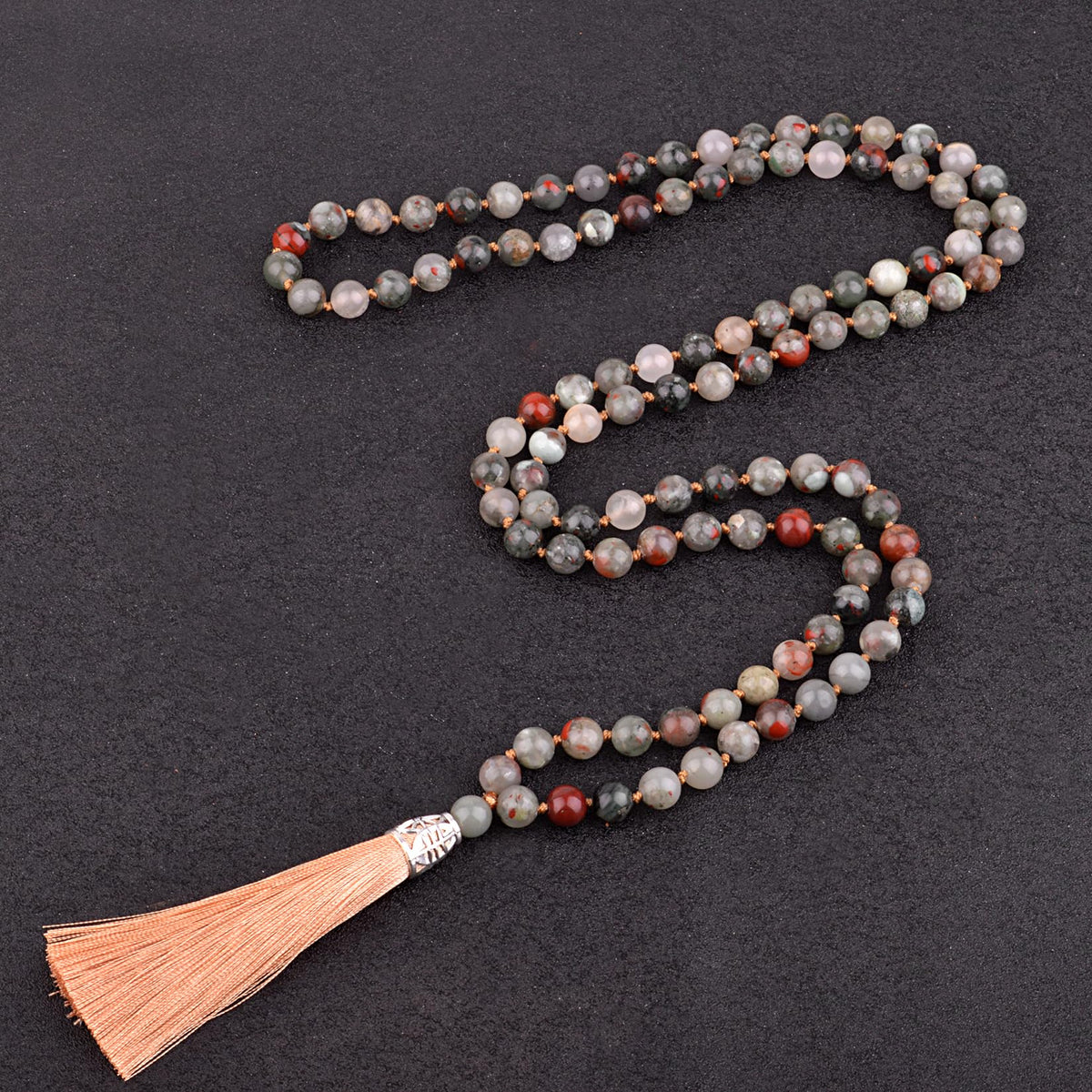 Mala Beads 108 Natural Stone GemStones Japamala Yoga Meditation Hand Knotted Beaded Tassel Necklace for Women Men (Bloodstone)