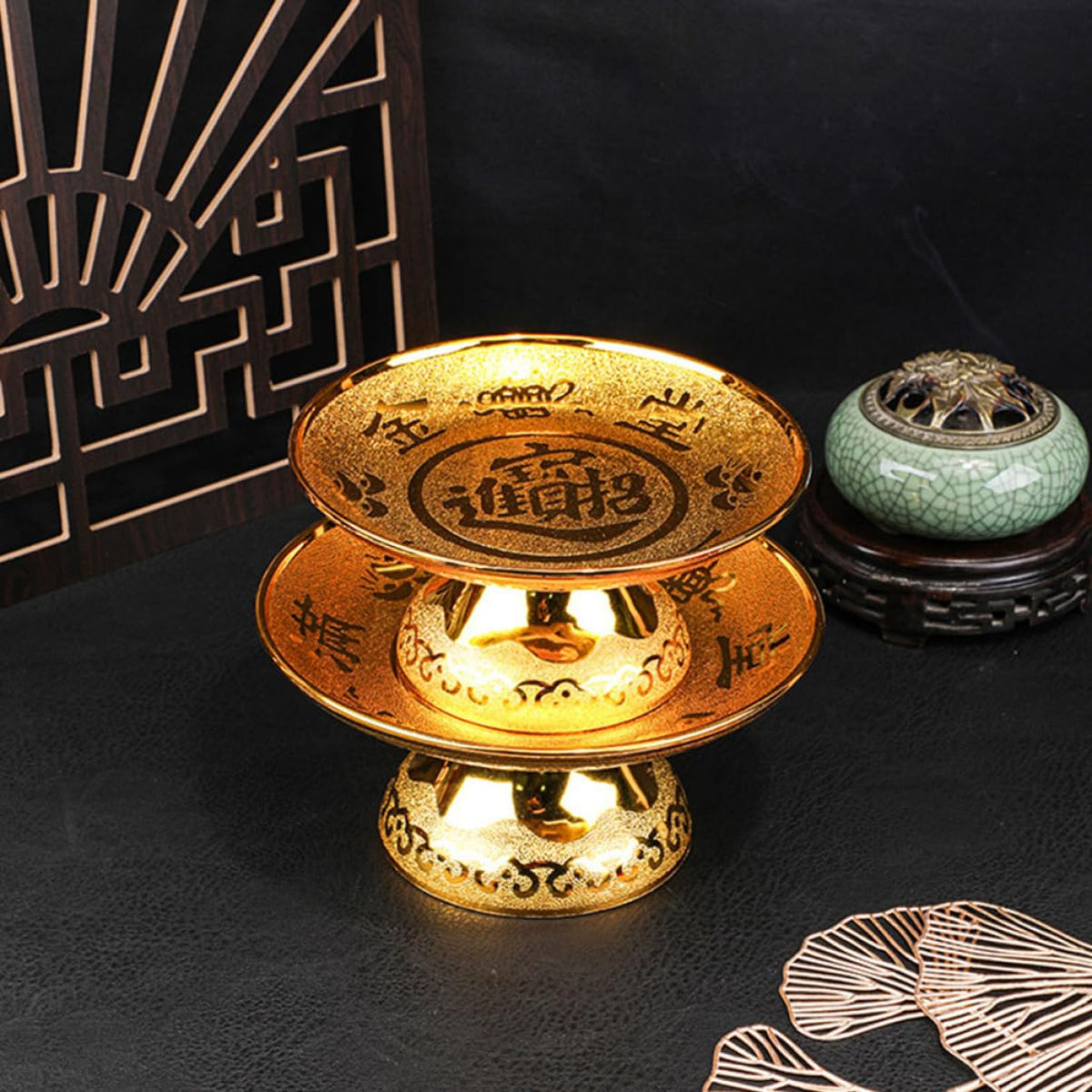 2pcs Golden Footed Offering Plate Vintage Temple Fruit Tray for Snacks Desserts Spiritual Offerings Design Auspicious Patterns for Family Ceremonies (19.2X19.2CM / Golden)