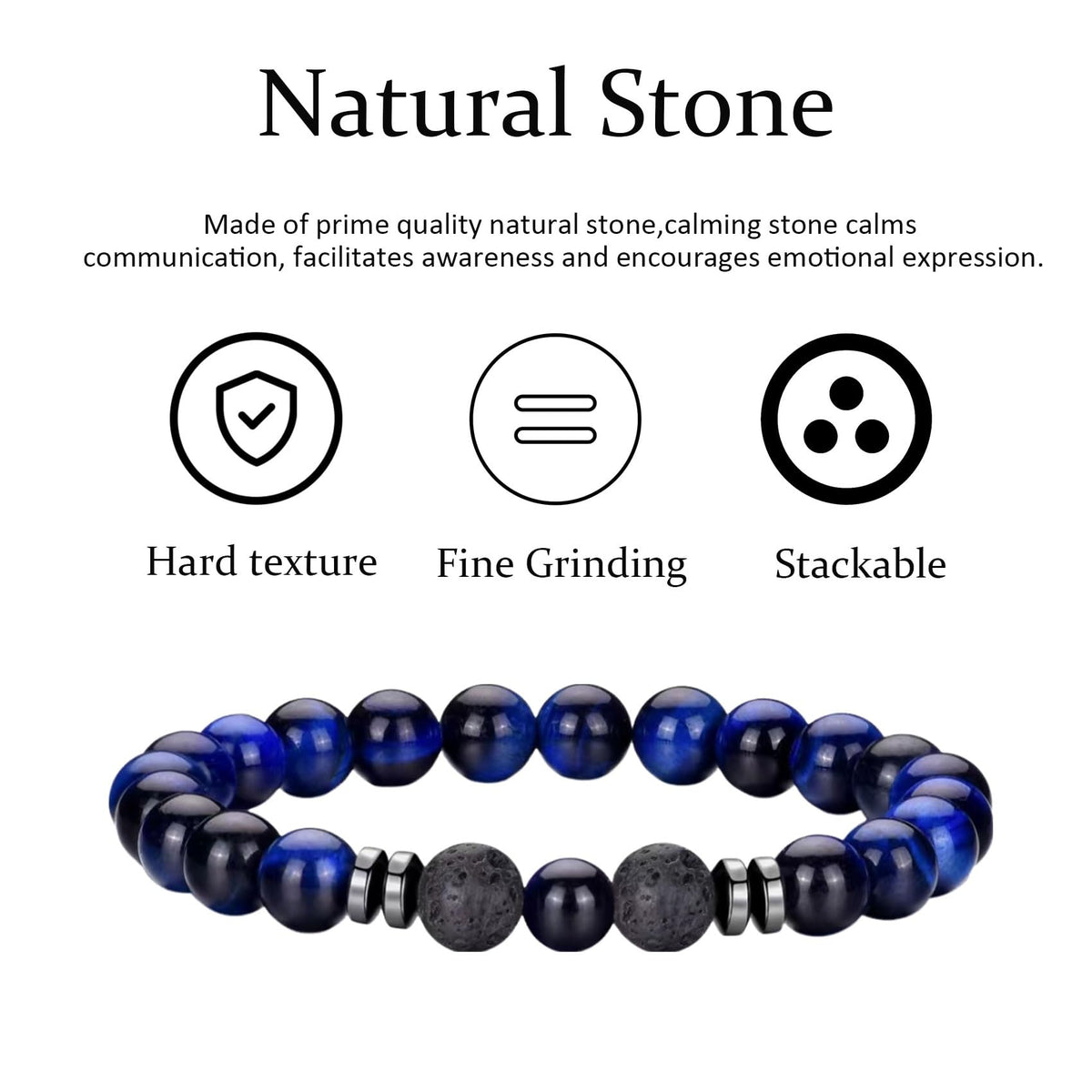 Tiger Eye Bracelet For Men 8MM Natural Stone Beads Bracelet Set Stretch Lava Rock Bracelets Adjustable Black Crystal Beaded Bracelet for Men Women Gifts (3,blue,tiger eye)