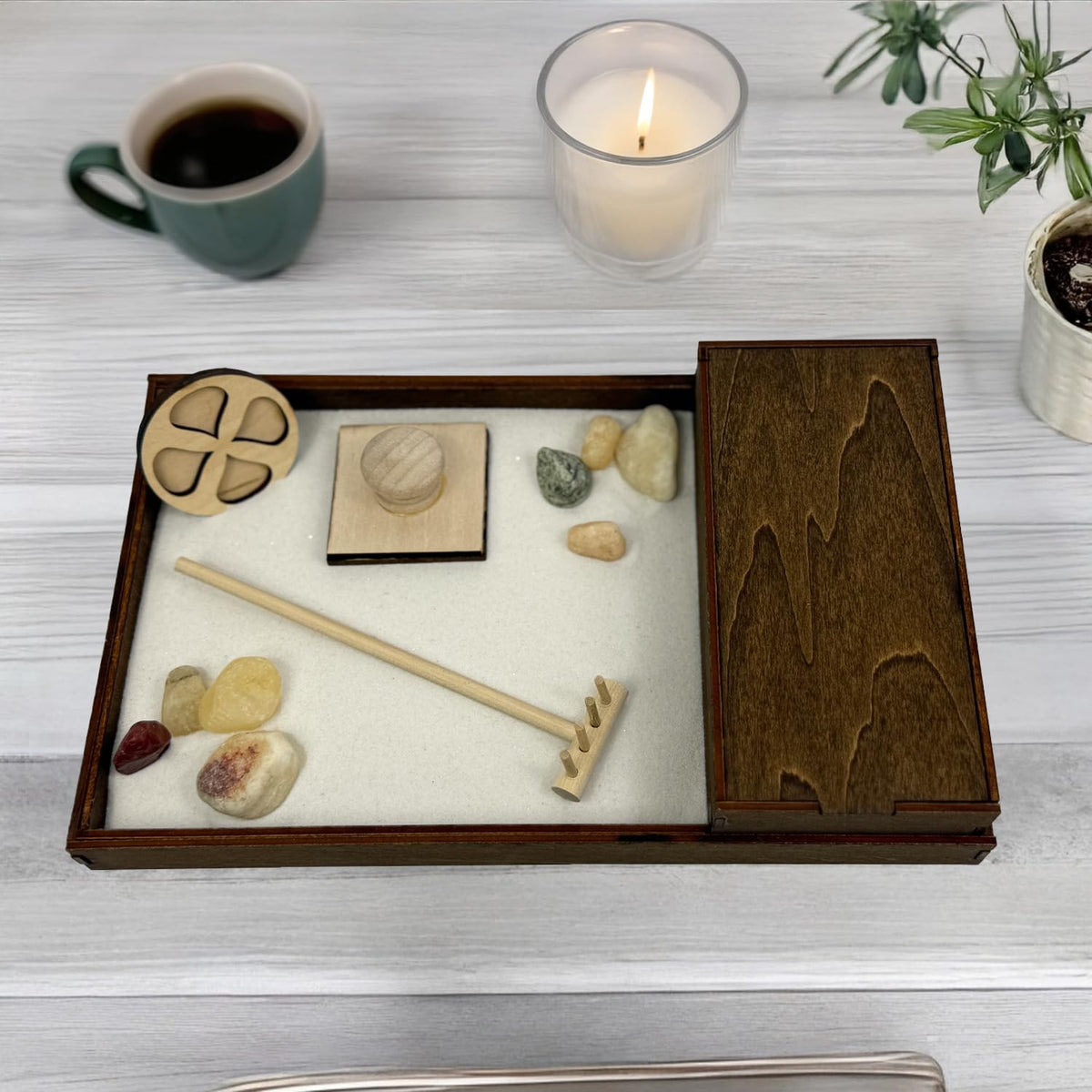 Wooden Zen Garden with Accessories Box (White / Storage Box)