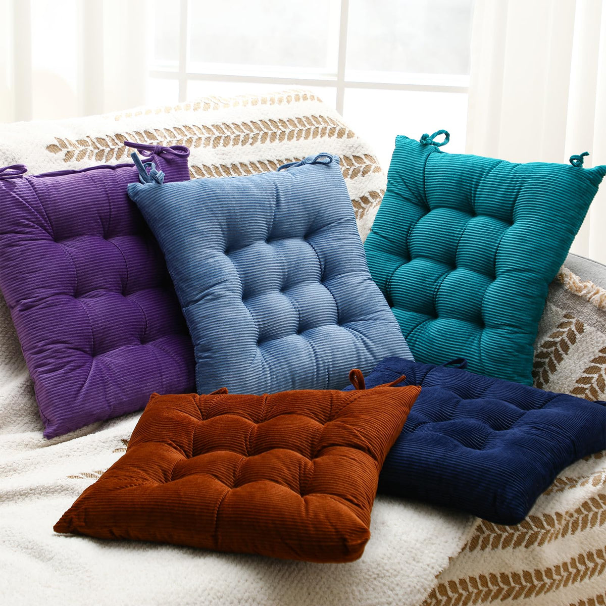 10 Pcs Corduroy Chair Cushion with Ties Square Floor (Multicolor)