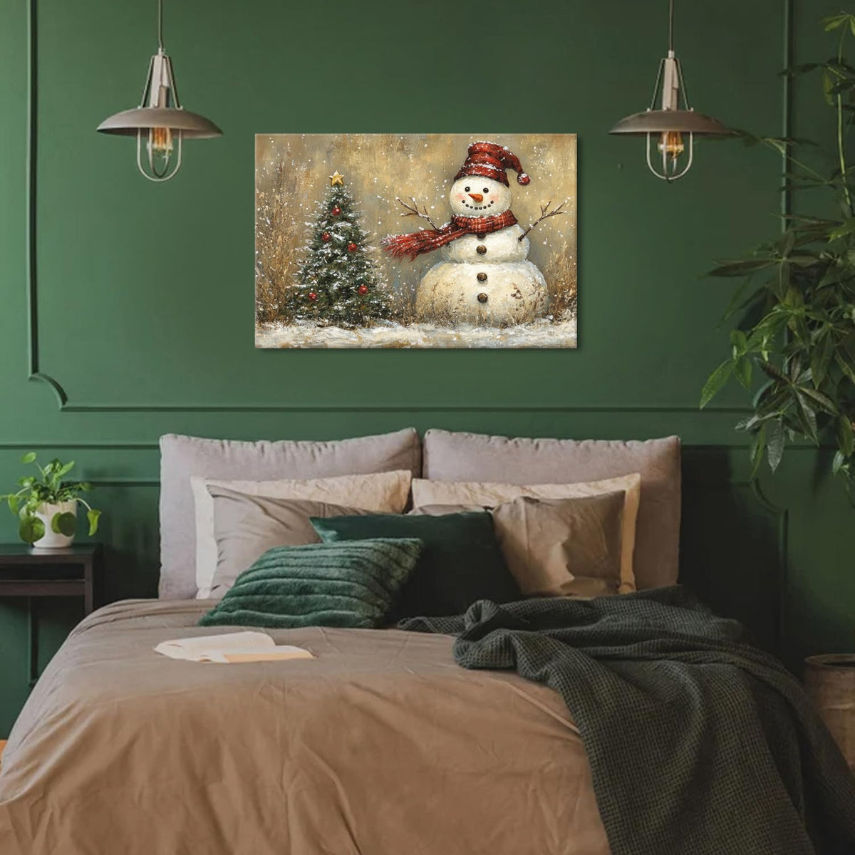 Vintage Christmas Wall Decor Christmas Tree Snowman Wall Art Pine Trees Botanical Snow Scene Winter Landscape Picture for Living Room Entryway Cabin Home Decoration Xmas Festival Holiday Artwork 20x30 (30"L x 20"W / Snowman Tree)