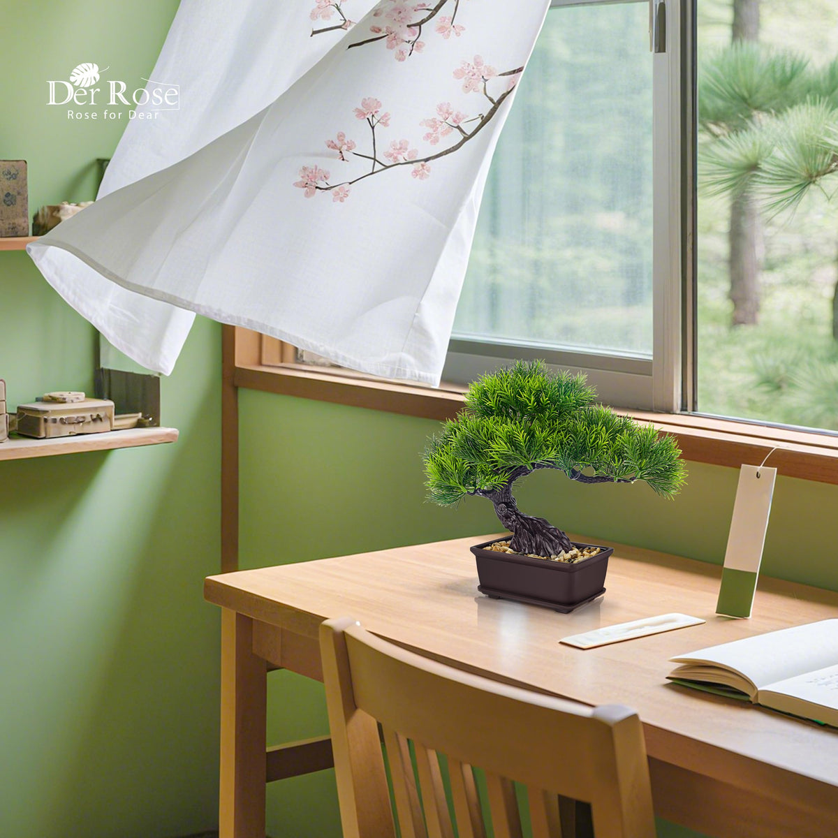 Small Fake Bonsai Tree Cedar Decor Fake Plant for Shelf Desk Decor (Green-pine)