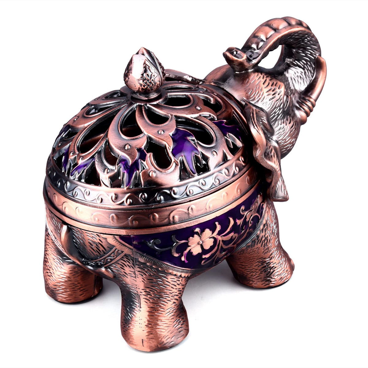 Metal Backflow Incense Holder Elephant Cone Incense Burner Candle Holder with Lid (Purple)