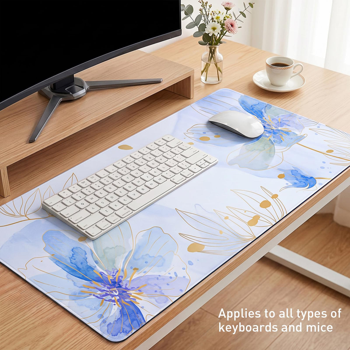 Blue Desk Mat (Blue Watercolor Floral / 35.4" x 15.7")
