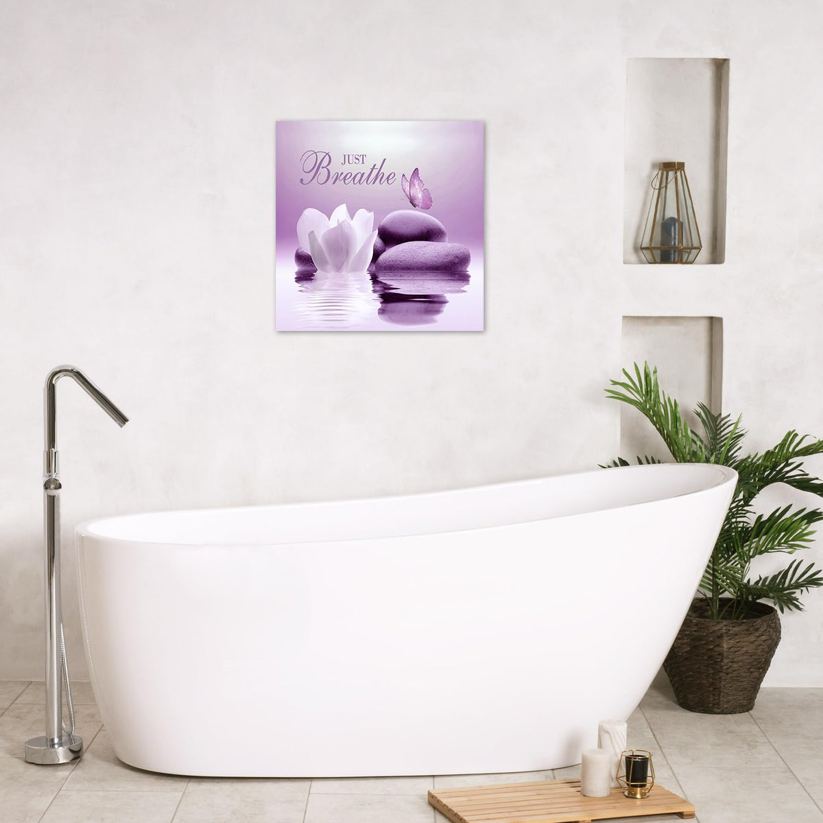 Zen Framed Wall Art 12x12 Inches Purple Butterfly and Flower Stone Relaxing Just Breathe Canvas Prints Wall Art Bathroom Yoga Spa Calming Artwork for Bedroom Office Wall Decor (12"L x 12"W / Purple)