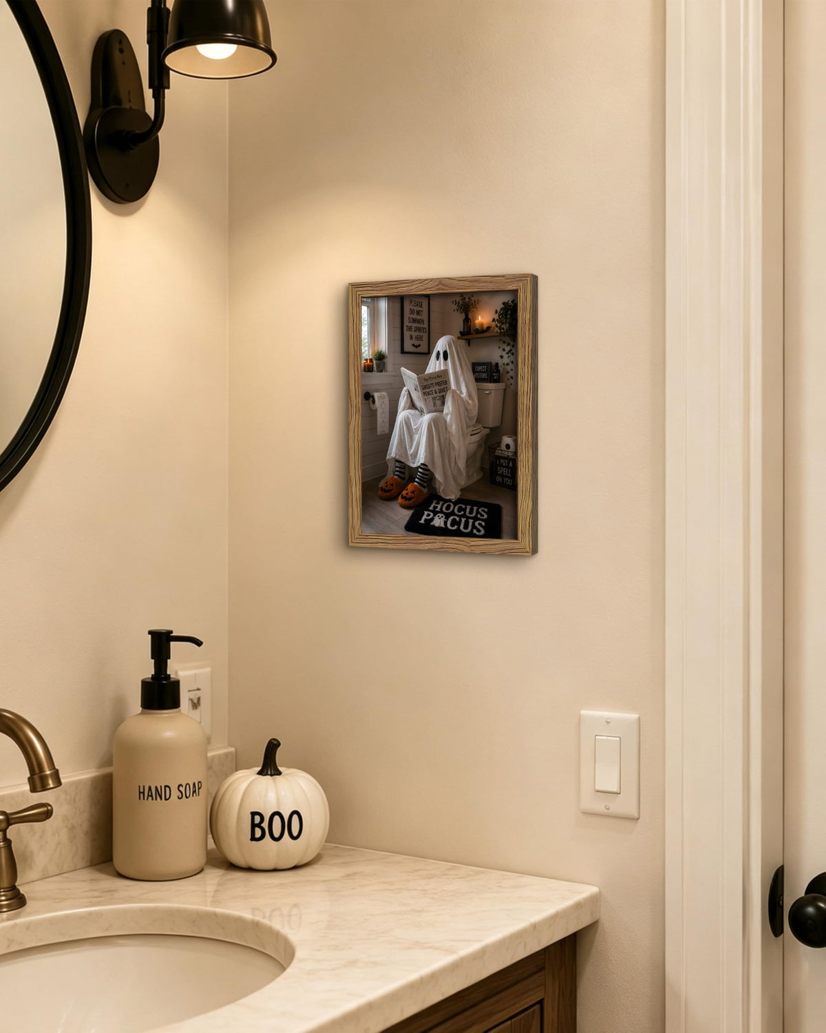 Framed Funny Halloween Bathroom Wall Art (A-White Ghost / 10"L x 8"W)