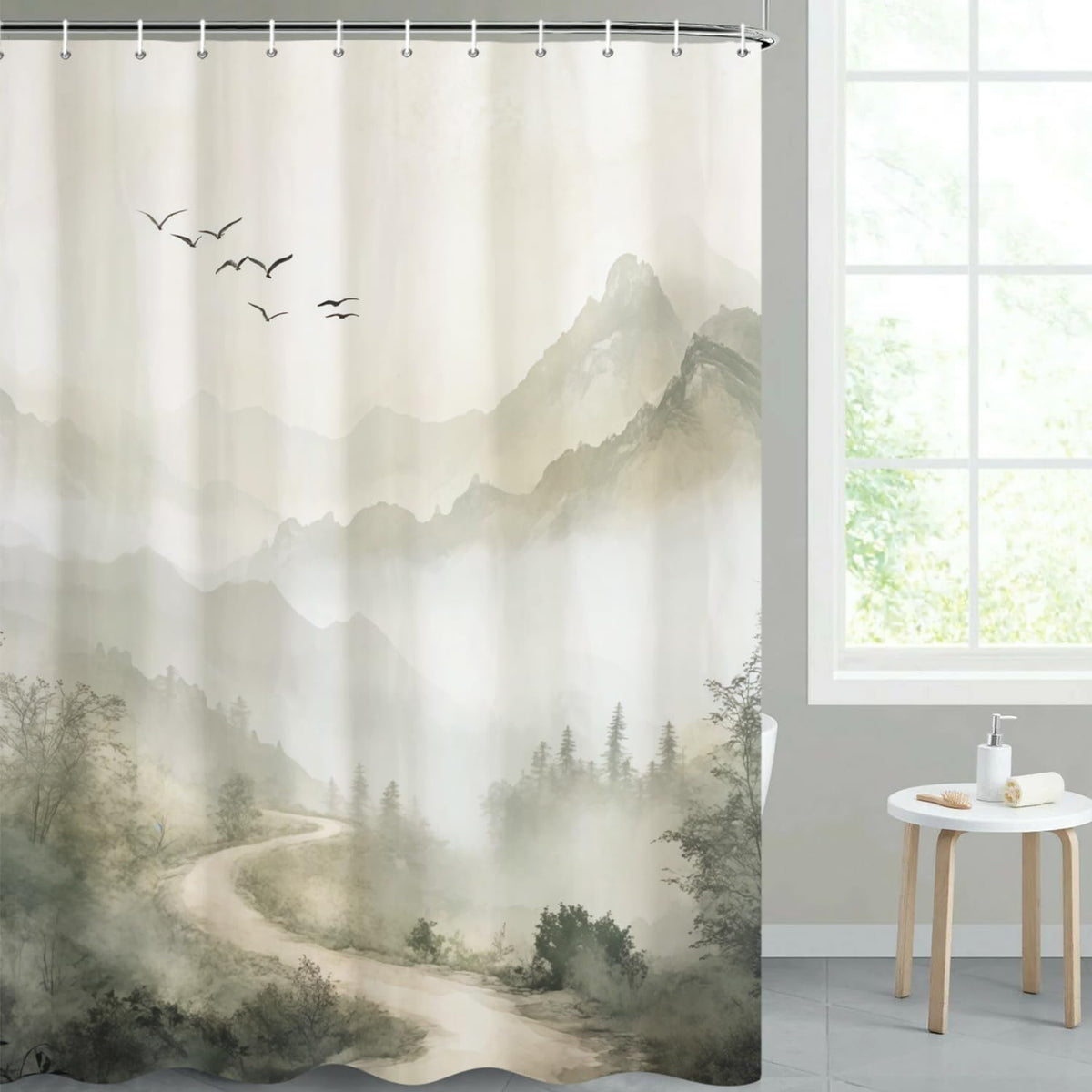 Mountain Landscape Shower Curtain with Hooks (Mountain Forest)