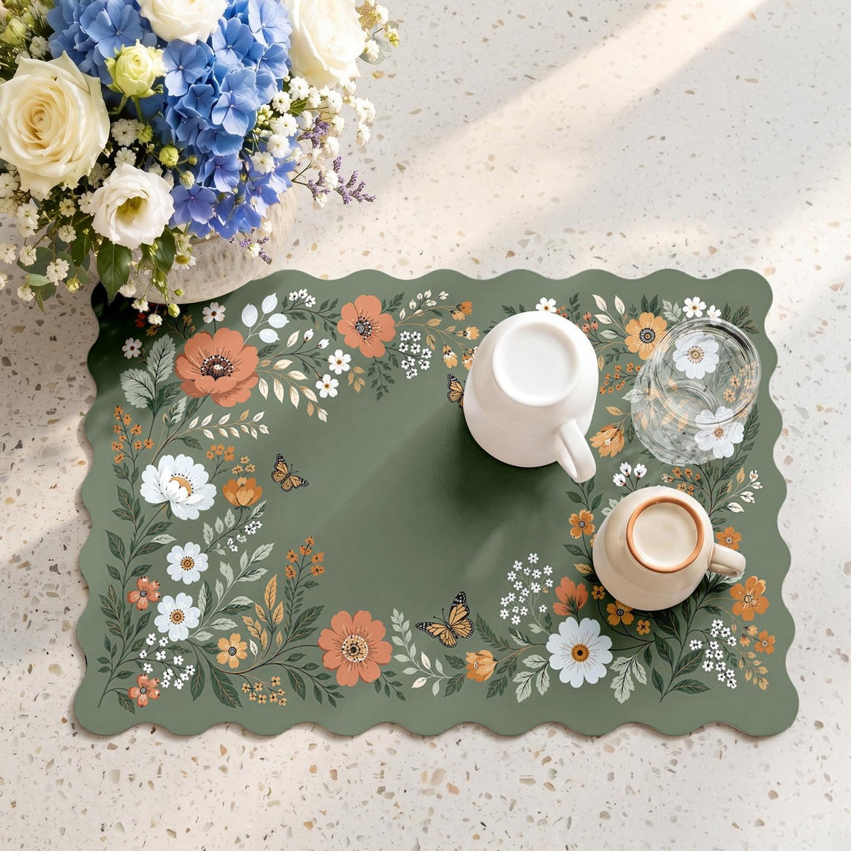 Scalloped Dish Drying Mat 2 (Cottagecore Floral Green / 12x19 inch)