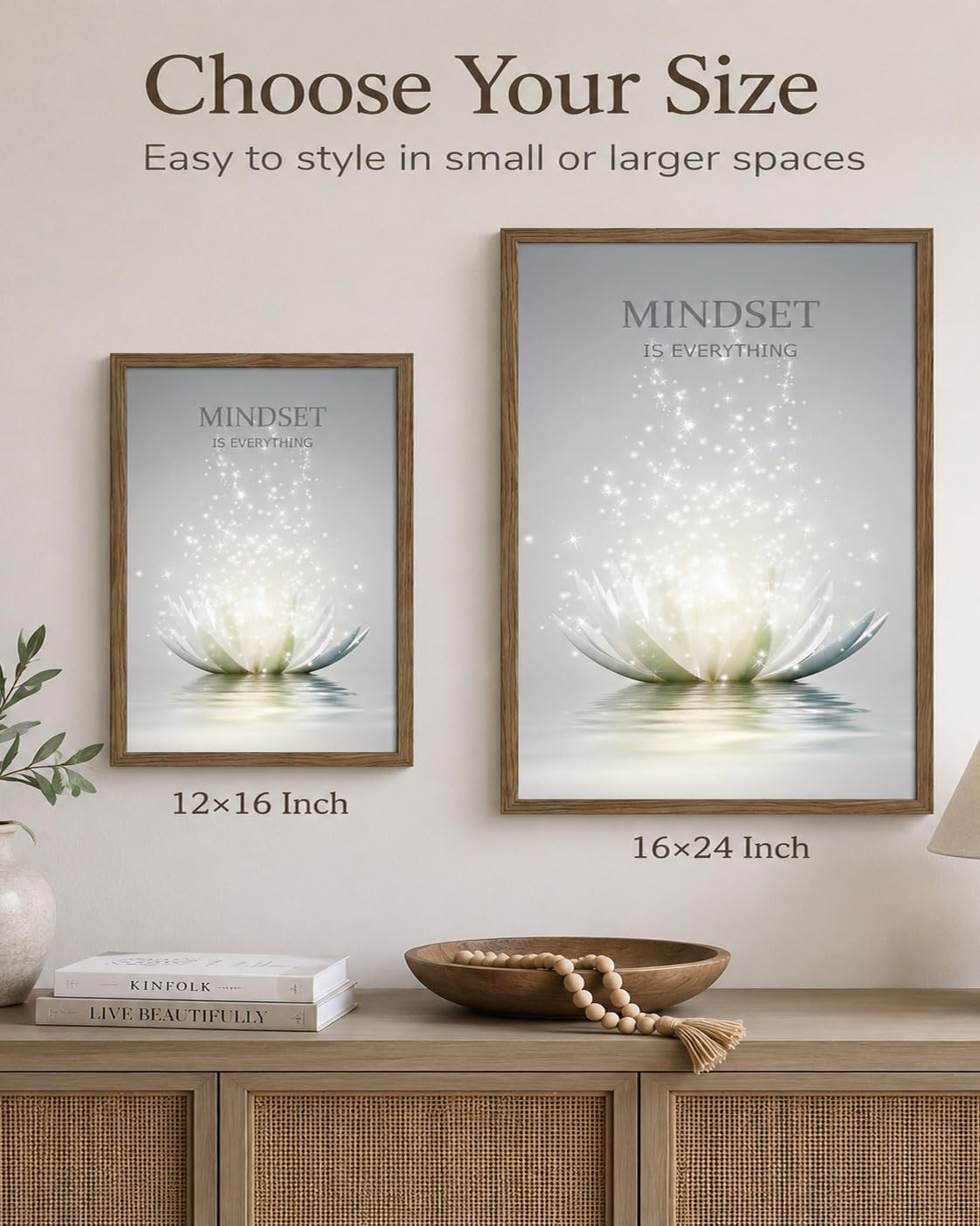 Wood Framed Lotus Flower Wall Art Zen Inspirational Wall Decor (Lotus Flower / 16"L x 24"W)