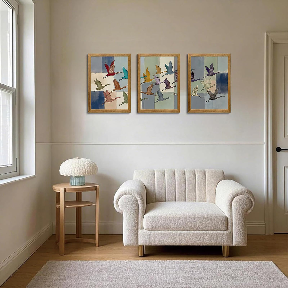 Framed Abstract Colorful Crane Watercolor Wall Art Set of 3 (Color crane / 16"L x 12"W)