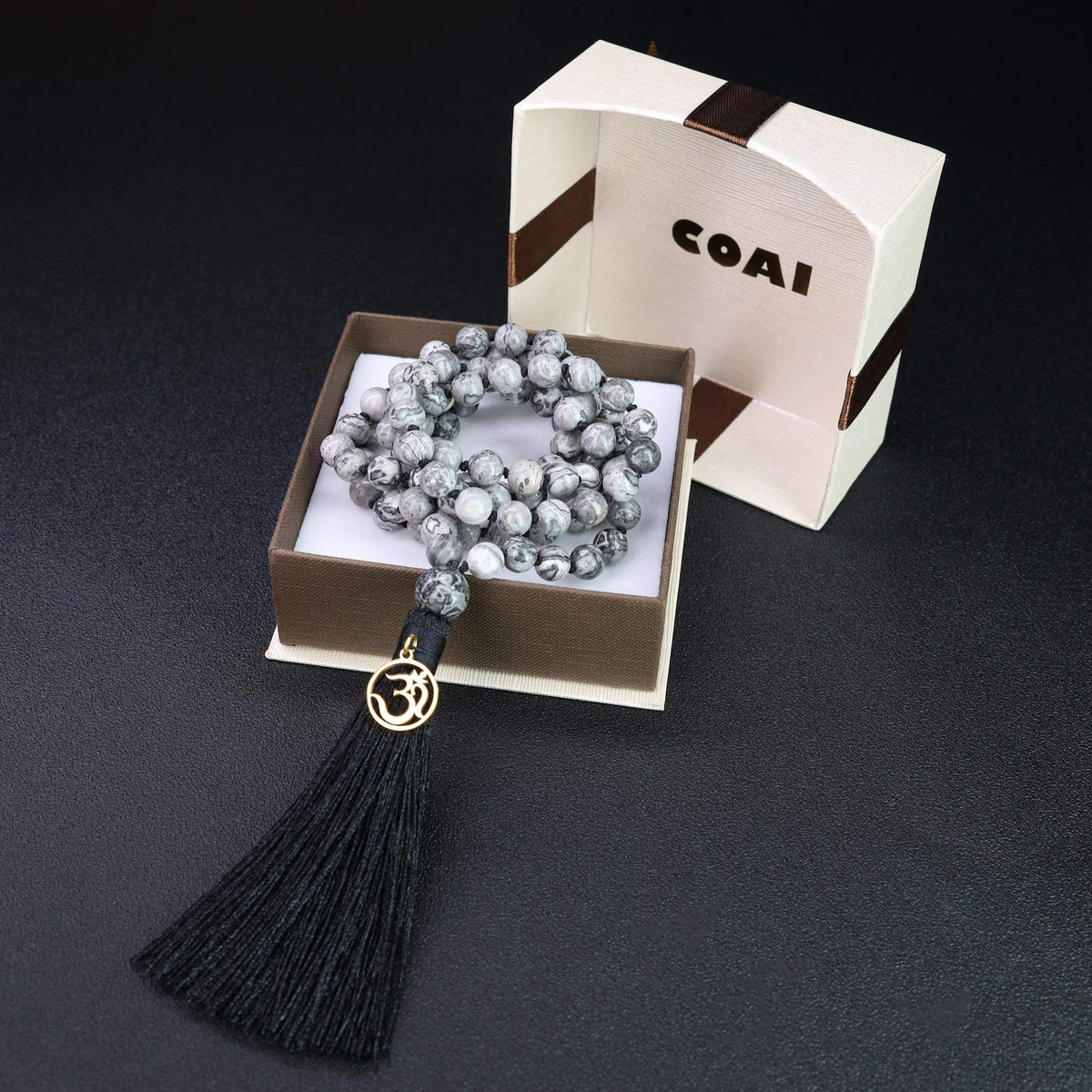 OM Charm Hand Knotted Tassel Map Jasper Stone 108 Mala Beads Necklace 8mm (8mm / Map Jasper)