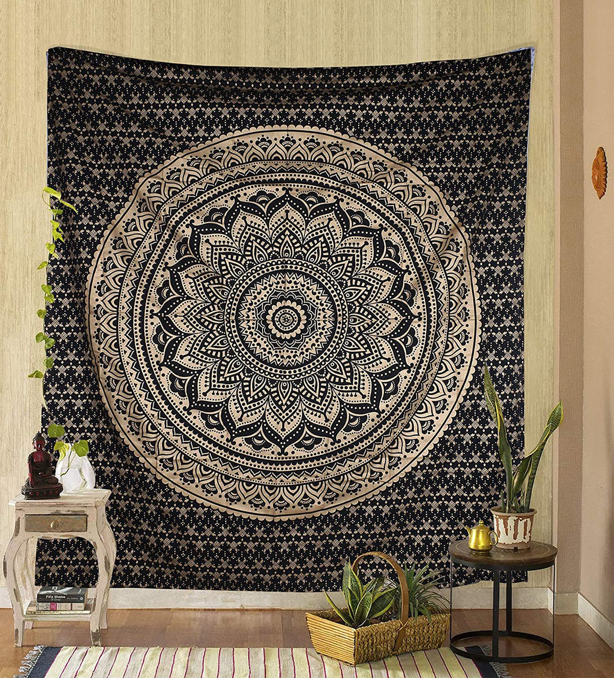 Rajsee Black Gold Mandala Tapestry for Bedroom (Black Gold / 92"L x 82"W)