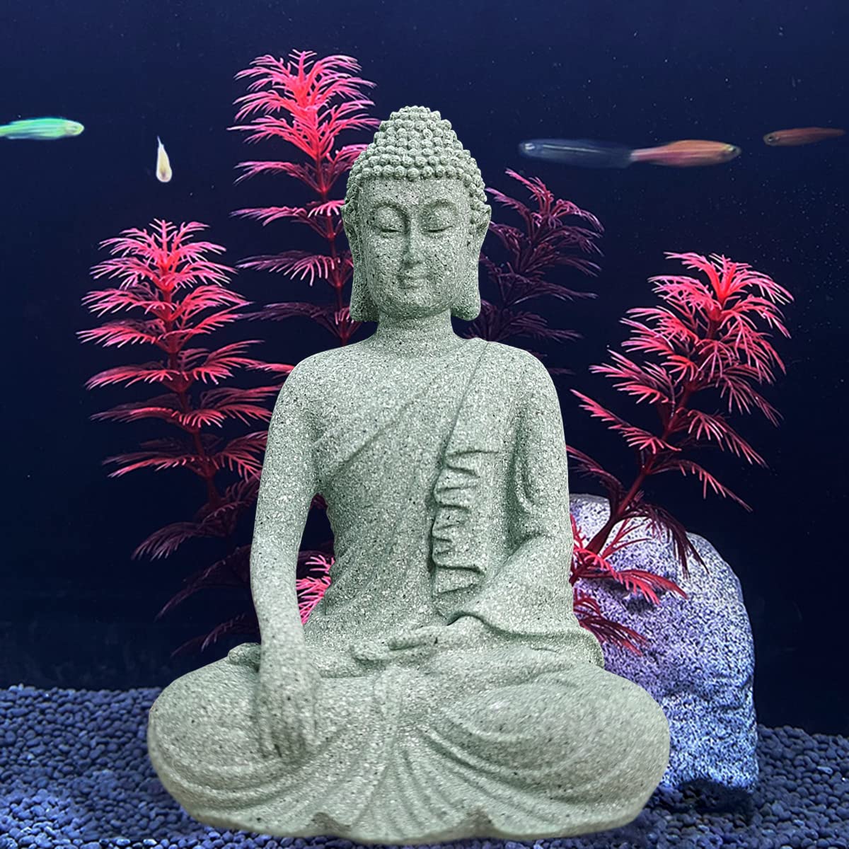 Aquarium Buddha Statue Asian Japanese Fish Tank Decoration Zen Buda Figurines Stone Buddha Sculpture Ornaments for Fish Tank Decor (3x2x4.7 inches)