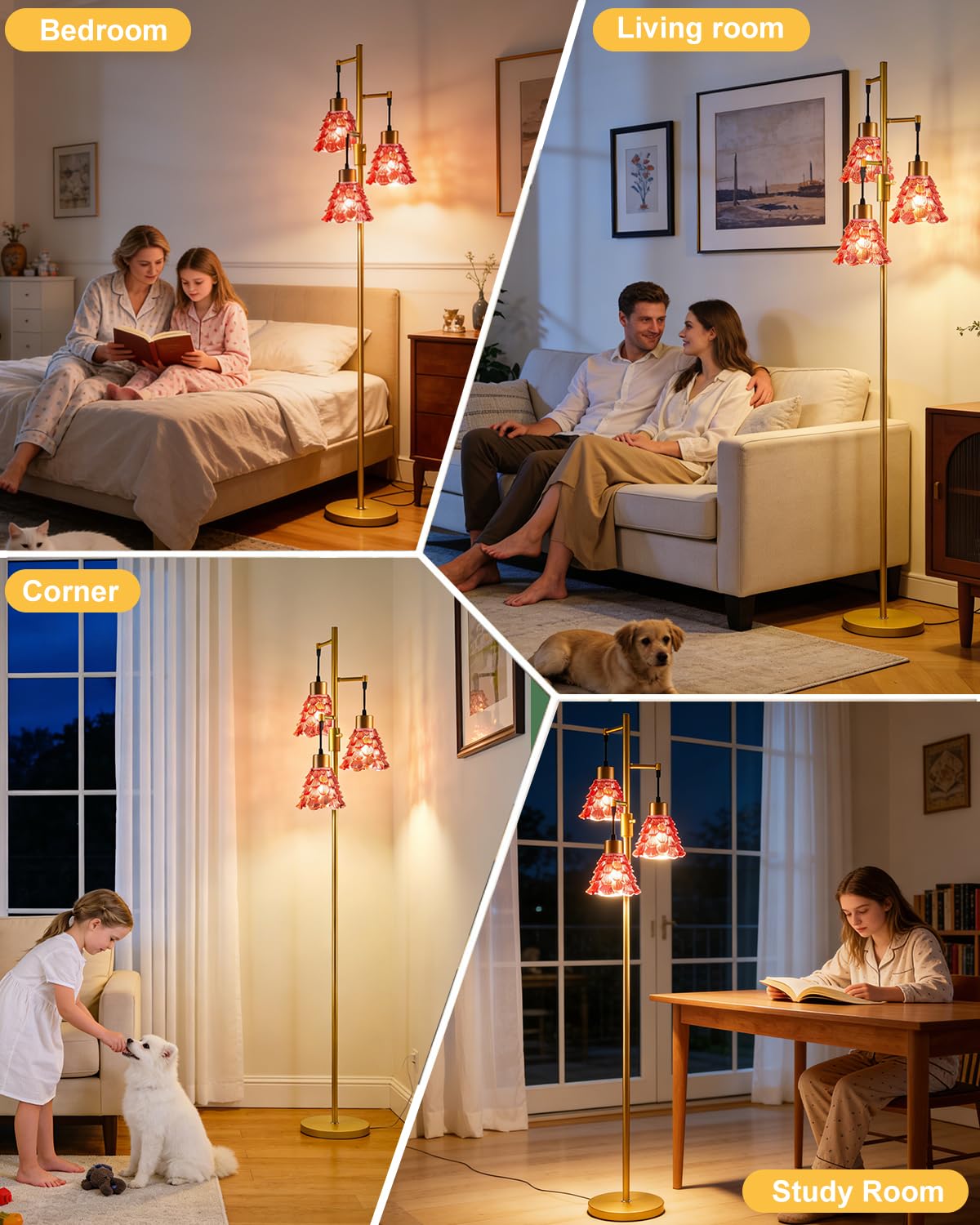 Glass Floor Lamp 3 (3 Deep Red Horn-Gold)