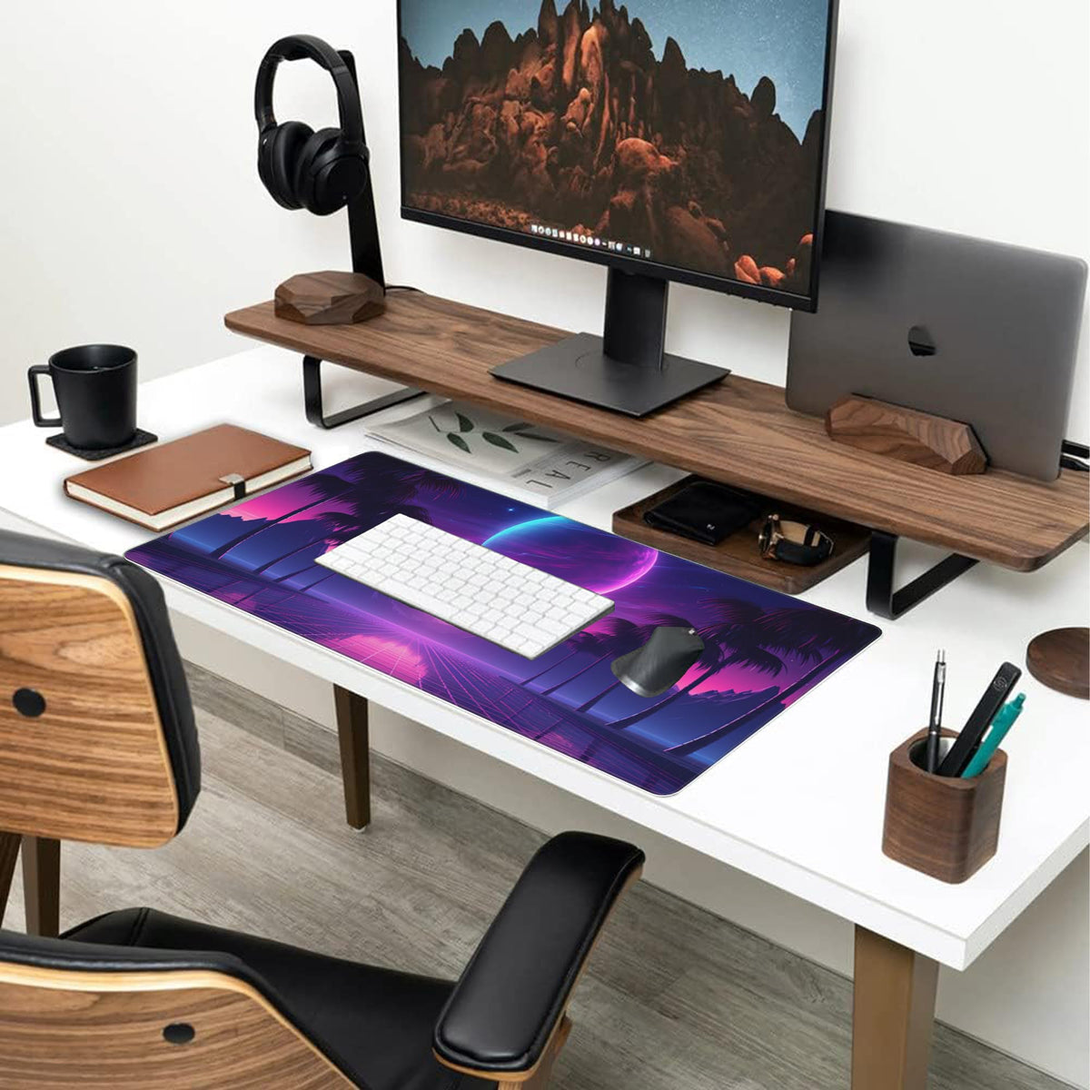 Large Gaming Mouse Pad for Desk (15.7" x 35.4" / Cool Retrowave Landscape)